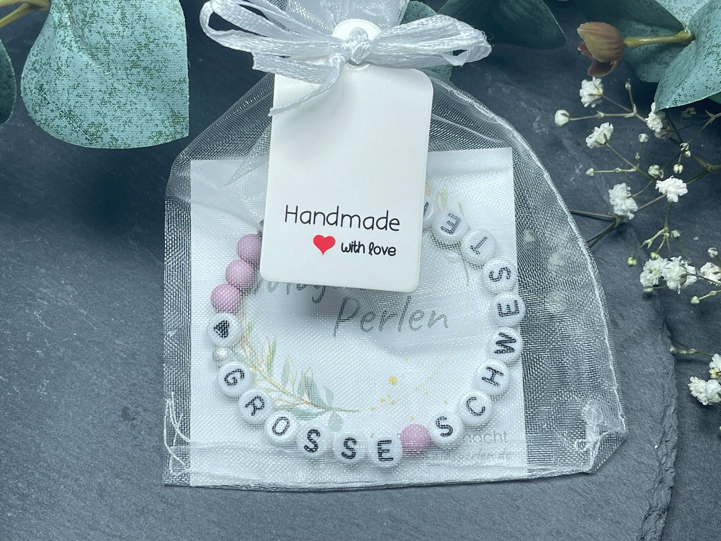 Armband Große Schwester Flieder Acrylperlen 6 mm - Geschenk Big Sister kleiner Bruder Familie Kinder - Farben nach Wunsch personalisierbar
