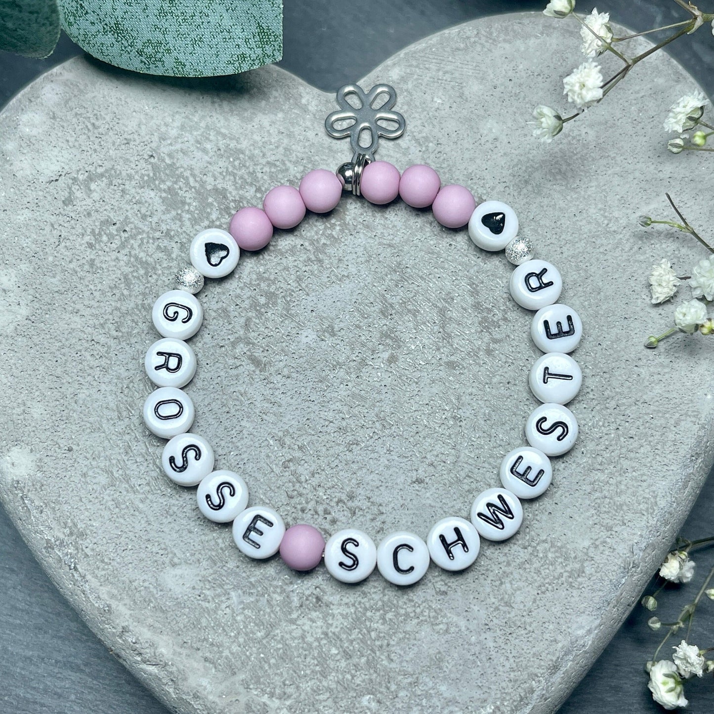 Armband Große Schwester Flieder Acrylperlen 6 mm - Geschenk Big Sister kleiner Bruder Familie Kinder - Farben nach Wunsch personalisierbar
