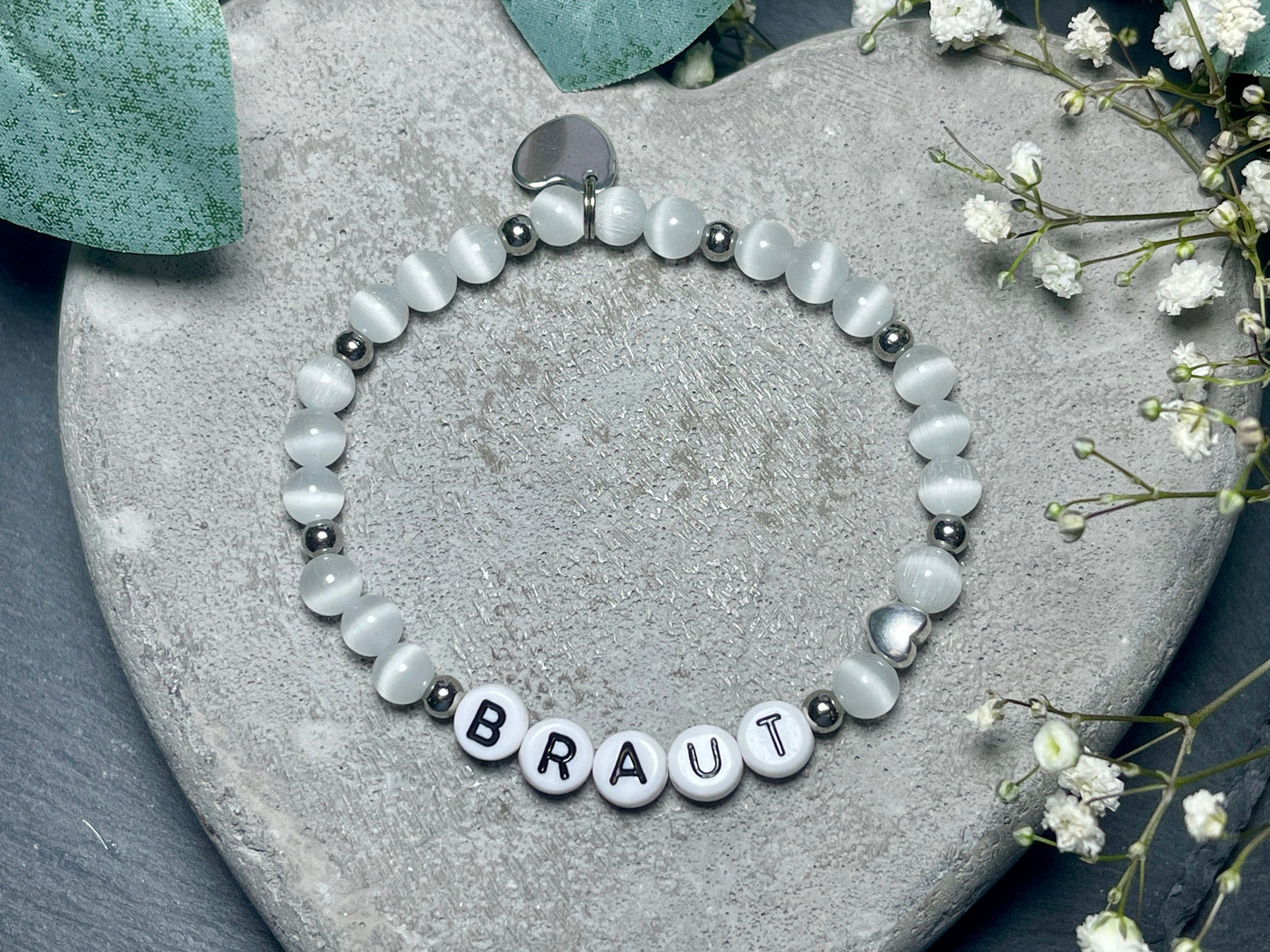 Armband Braut Weiß Cateyeperlen - Geschenk für Junggesellinnenabschied JGA Trauzeugin Brautjungfer Hochzeit - personalisierbar