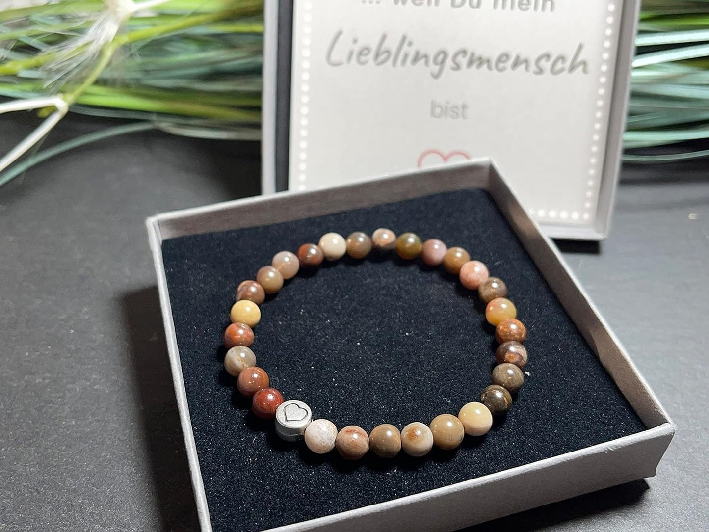 Armband Versteinertes Holz echter Naturstein Herz DQ - Silber Gold Roségold Gunmetal - spirituelles Armband - Geschenk Liebe Glück Freundin