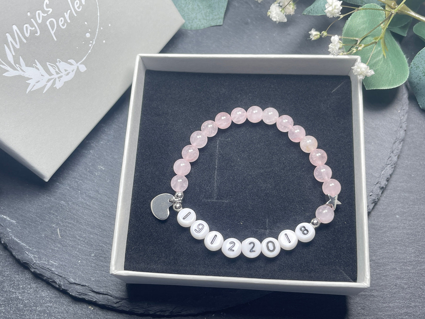 Armband Rosenquarz mit Namen Datum - Stern Platiniert - Geschenk Lieblingsmensch Liebe - Perlenarmband mit Namen - Erinnerungsarmband