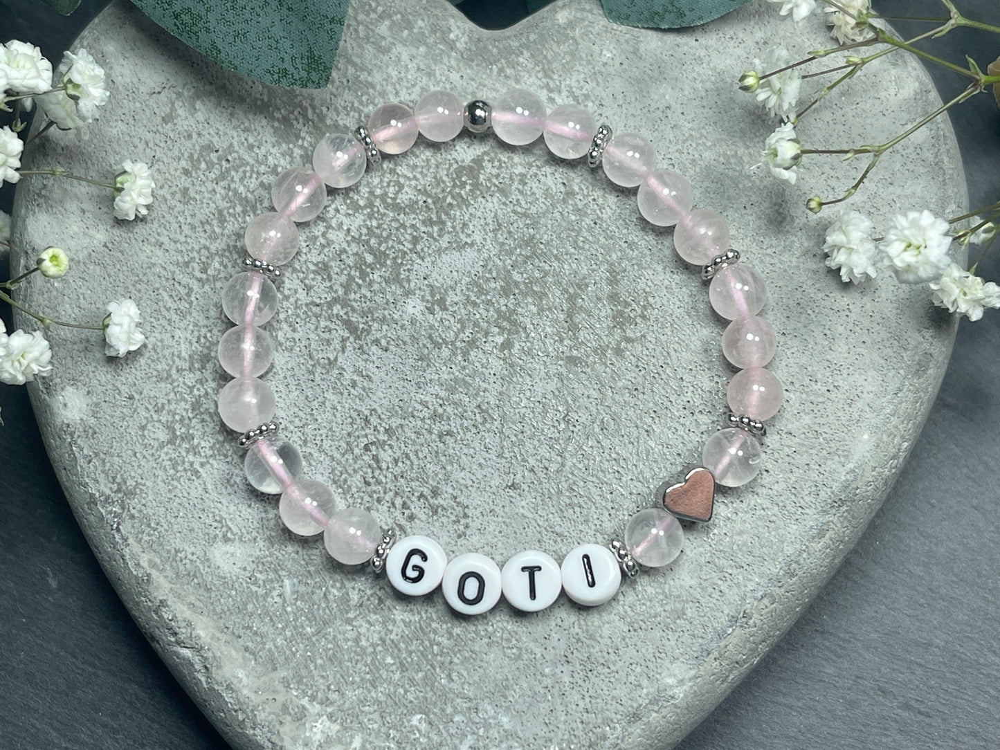 Armband Rosenquarz Goti Patentante - Herz Platiniert - Geschenk Frage Patenschaft für Goti Patin Madrina - Perlenarmband personalisiert