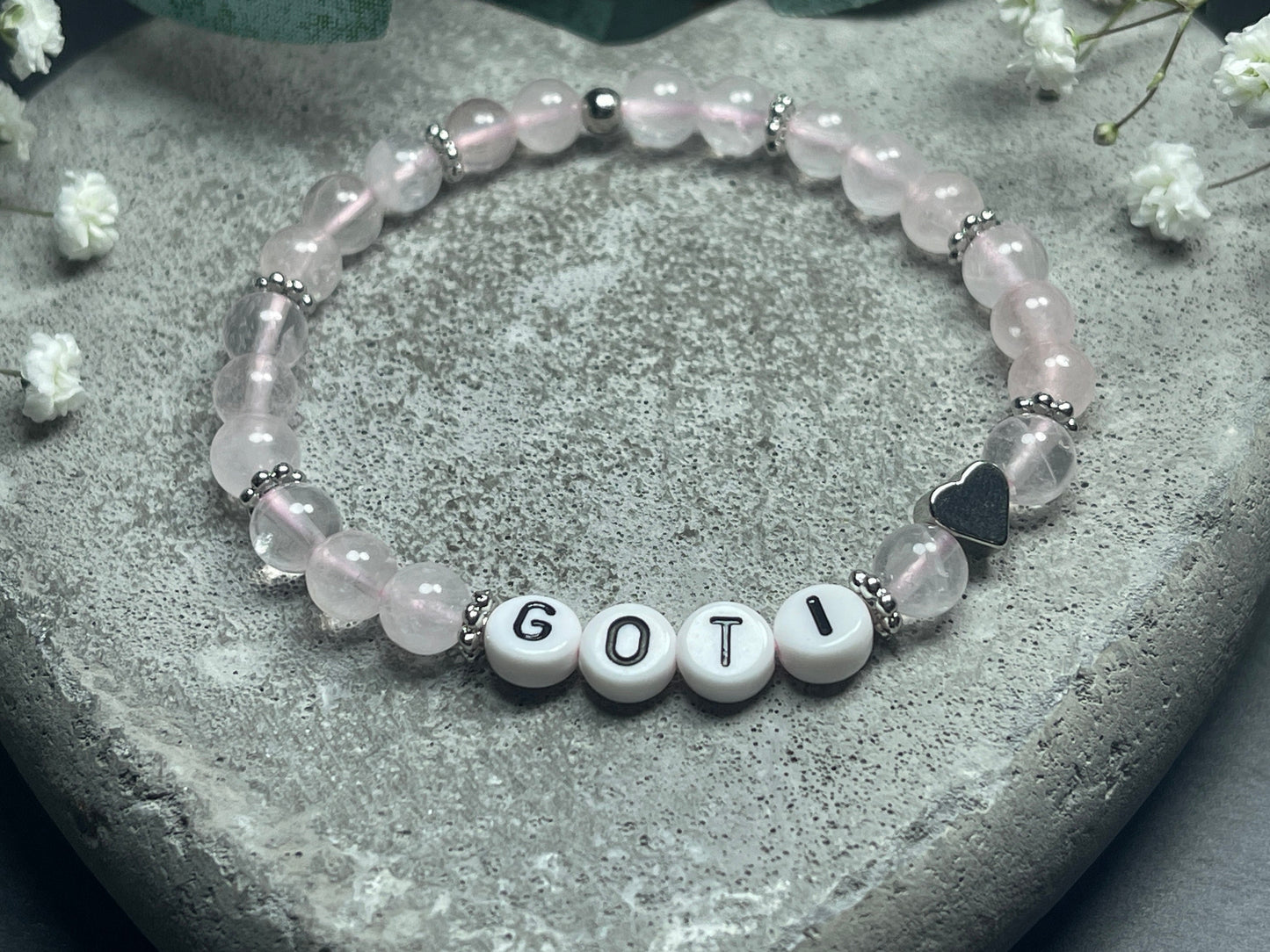 Armband Rosenquarz Goti Patentante - Herz Platiniert - Geschenk Frage Patenschaft für Goti Patin Madrina - Perlenarmband personalisiert
