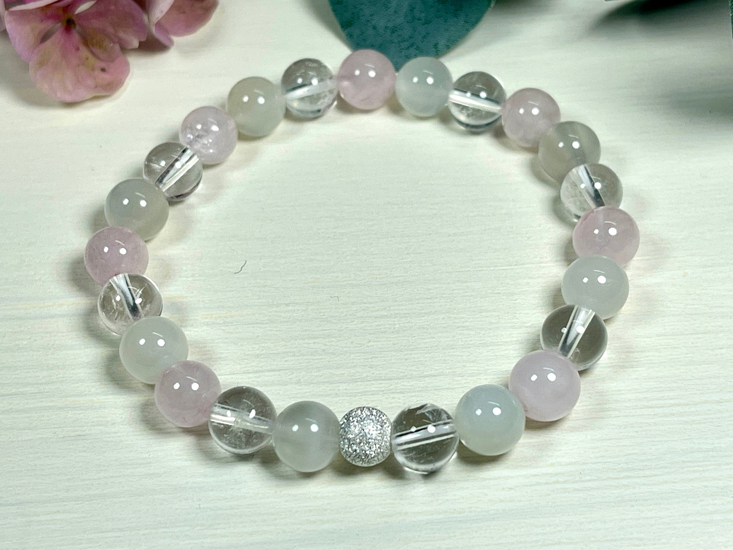 Armband Wechseljahre Mondstein Rosenquarz Bergkristall echt 8mm mit 925er Sterling Silber Gold Roségold 7mm facettiert - Handmade