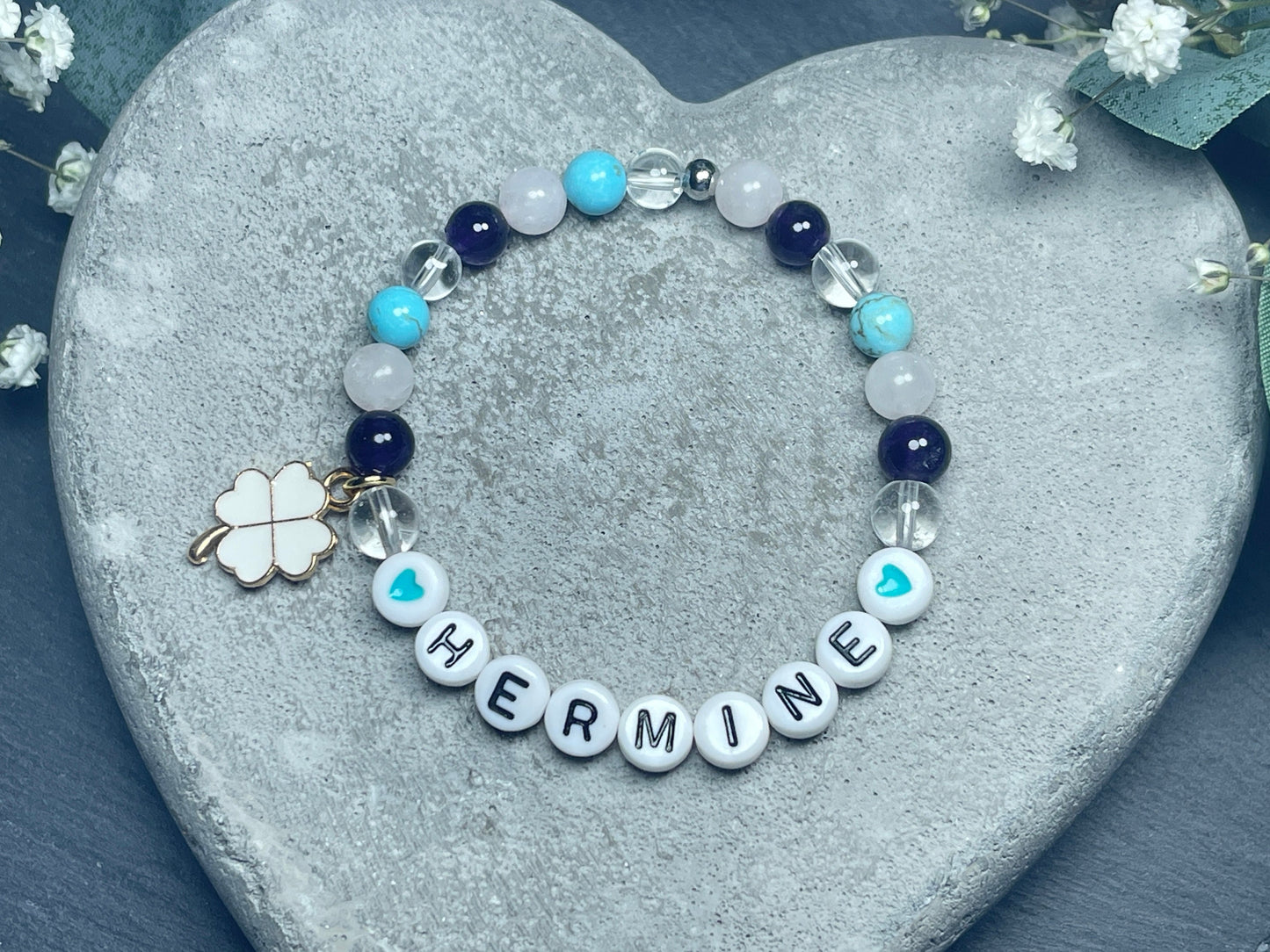 Armband mit Name Edelsteinmix Rosenquarz Amethyst Türkis Bergkristall - Geschenk Geburt Kinderarmband Baby Mädchenarmband - personalisierbar