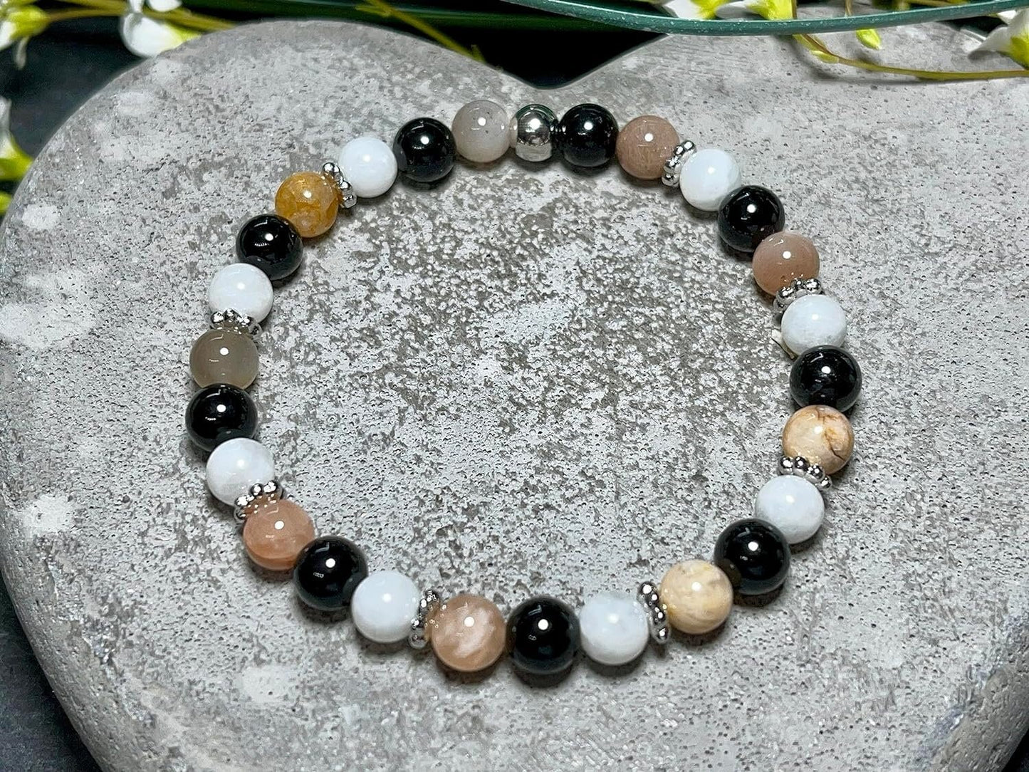 Armband Turmalin Mondstein Sonnenstein Perlen echt Platiniert - spirituelles Perlenarmband positive Energie Optimismus Schutz Freude