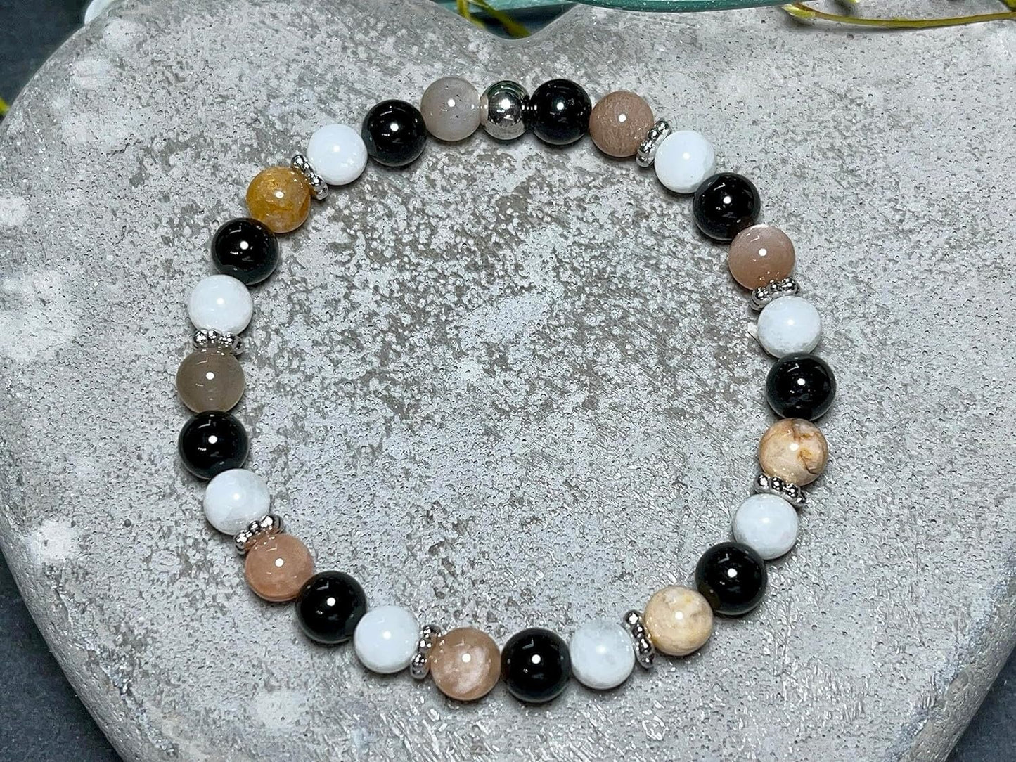 Armband Turmalin Mondstein Sonnenstein Perlen echt Platiniert - spirituelles Perlenarmband positive Energie Optimismus Schutz Freude