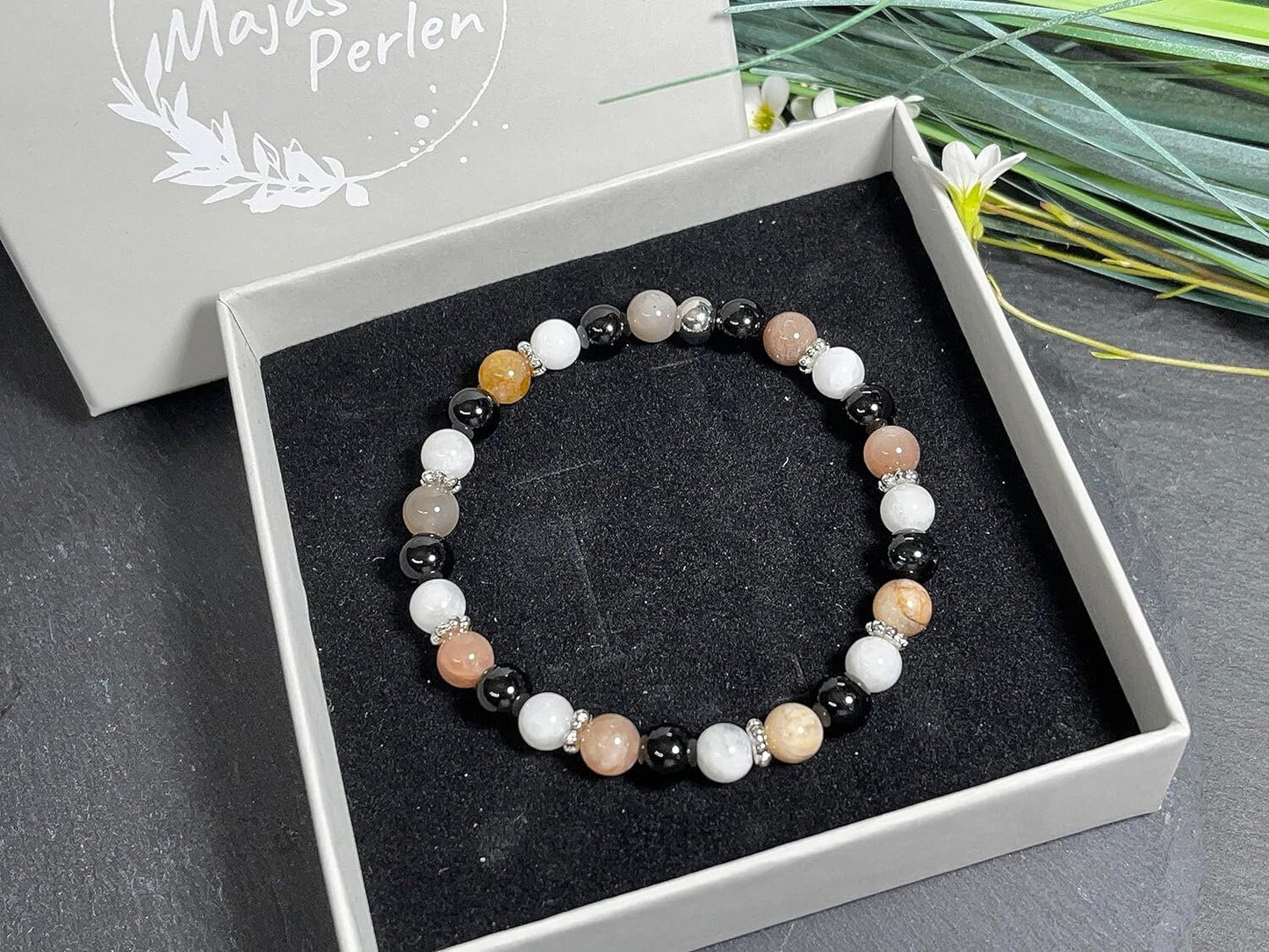 Armband Turmalin Mondstein Sonnenstein Perlen echt Platiniert - spirituelles Perlenarmband positive Energie Optimismus Schutz Freude