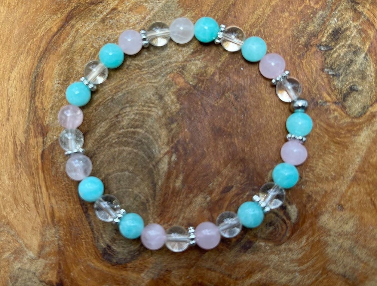 Armband Mix Amazonit Bergkristall Rosenquarz Edelstahl echte Natursteine - spirituelles Armband emotionale Balance Klarheit Liebe Mitgefühl