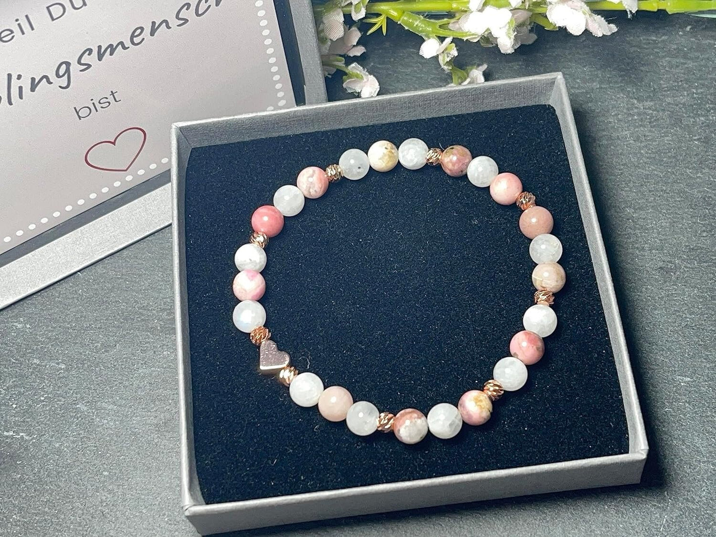 Armband Mondstein Rhodonit Facettenperlen Roségold plated - spirituelles Perlenarmband Selbstliebe Herzöffnung Liebe Mitgefühl