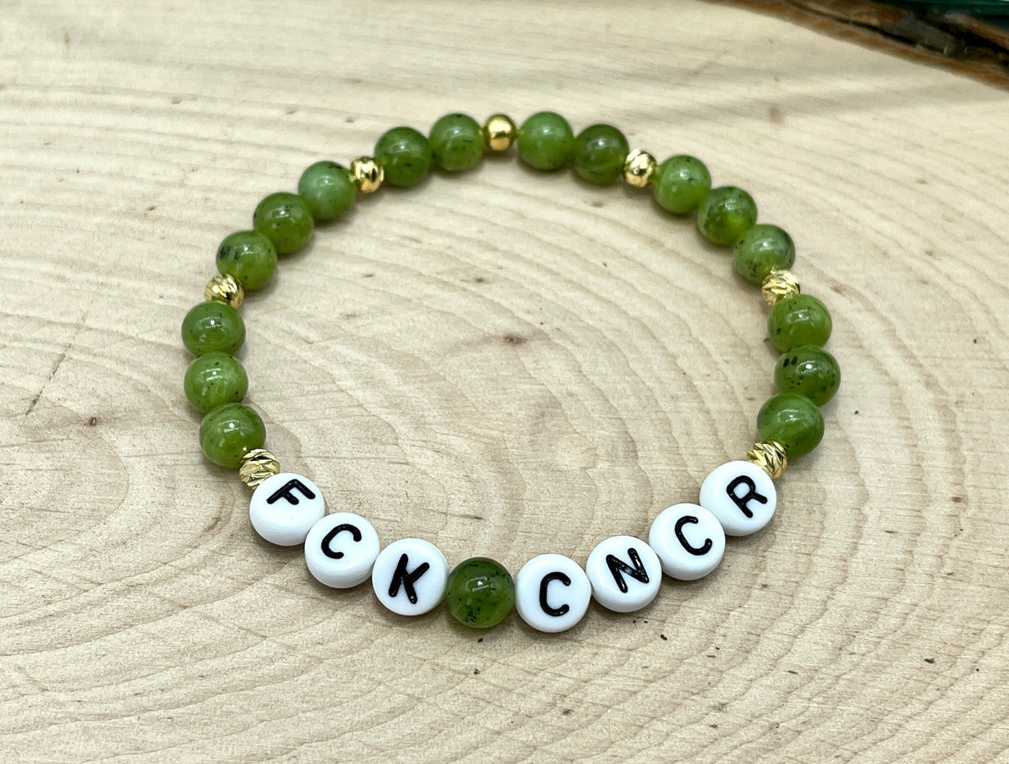 Armband Fuck Cancer Jade Perlen Gelbgold plated - Geschenk Diagnose Krebs Glücksbringer Perlenarmband Mutmach - viele Edelsteine