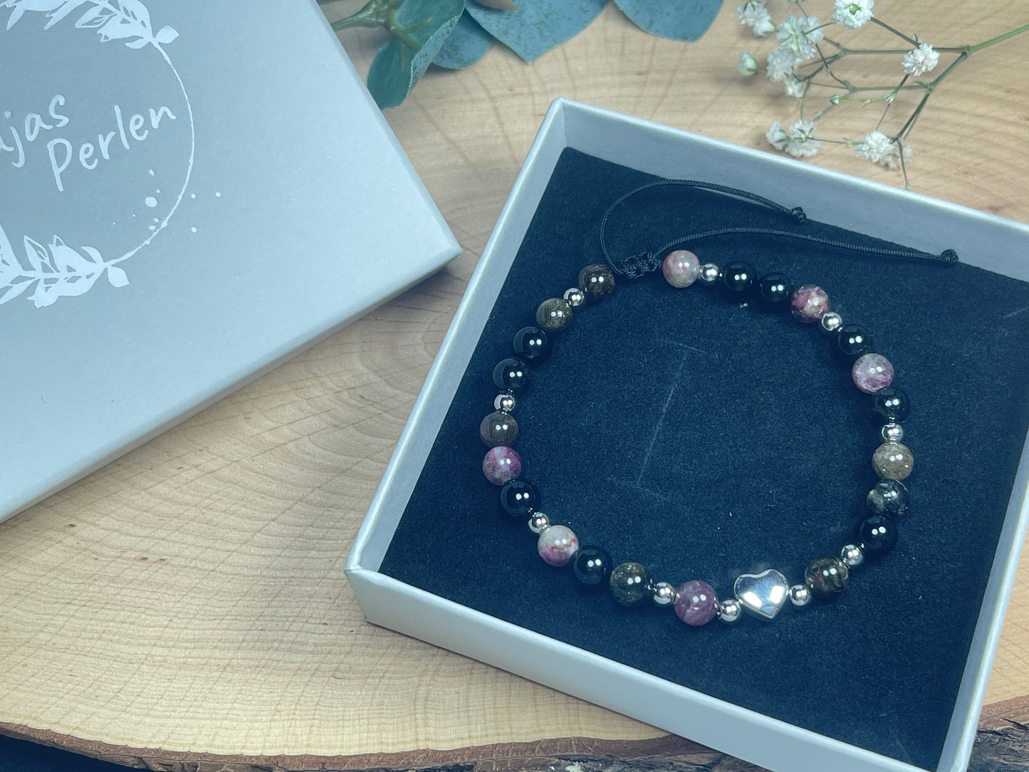 Armband Wassermelonen Turmalin Herz Edelstahl Makramee verstellbar - Perlenarmband Schutzstein- Spiritueller Schmuck - echte Natursteine