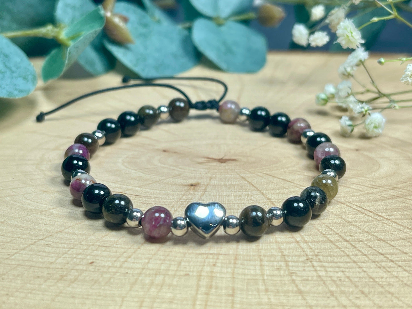 Armband Wassermelonen Turmalin Herz Edelstahl Makramee verstellbar - Perlenarmband Schutzstein- Spiritueller Schmuck - echte Natursteine