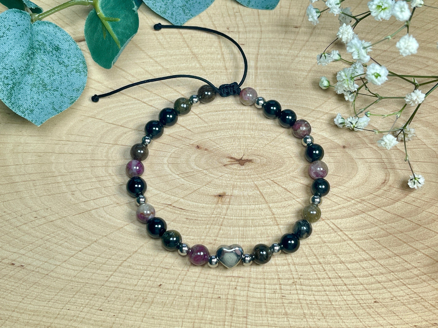 Armband Wassermelonen Turmalin Herz Edelstahl Makramee verstellbar - Perlenarmband Schutzstein- Spiritueller Schmuck - echte Natursteine