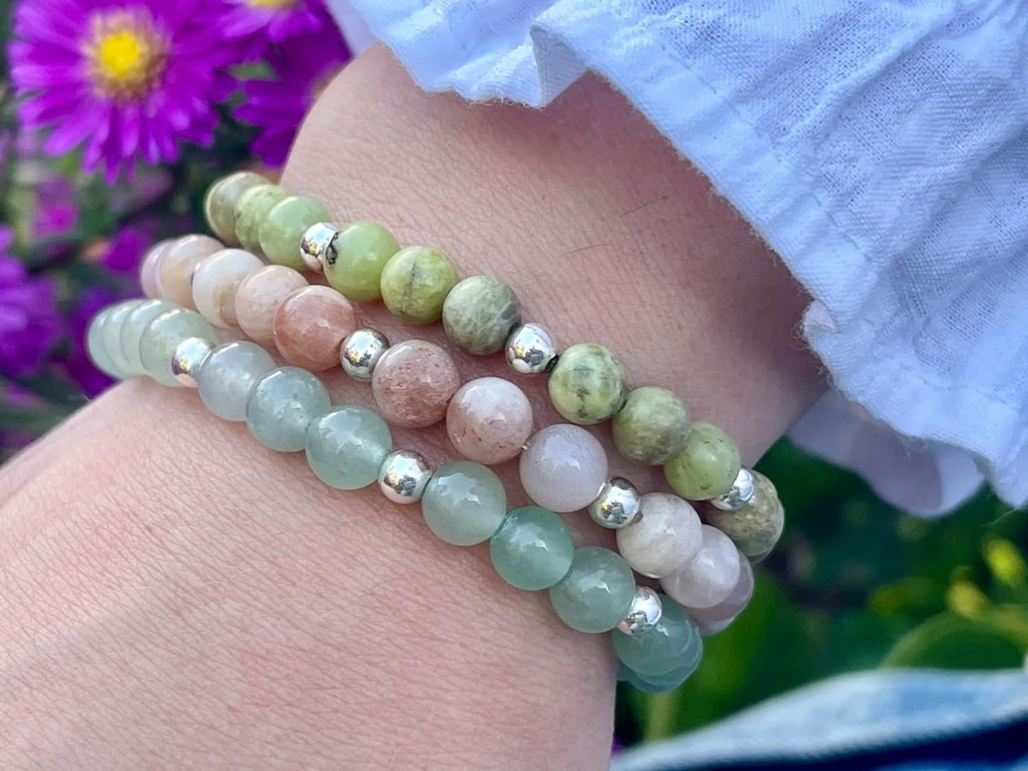 Aventurin Armband Perlen echt 6mm mit Edelstahlperlen 4mm Silber Gold Roségold spirituell Perlenarmband Heiterkeit Entspannung Gelassenheit