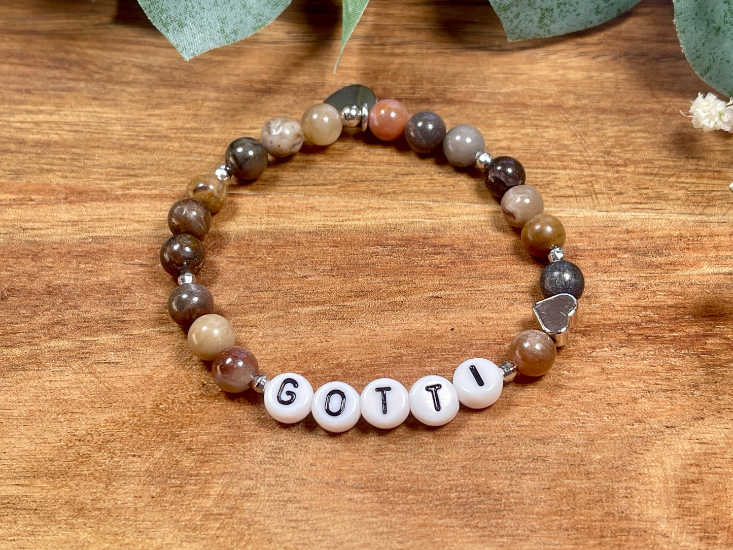 Armband Versteinertes Holz Gotti Herz Platiniert - Geschenk Patenschaft und Taufe Erinnerungsarmband - Willst Du Patentante sein?