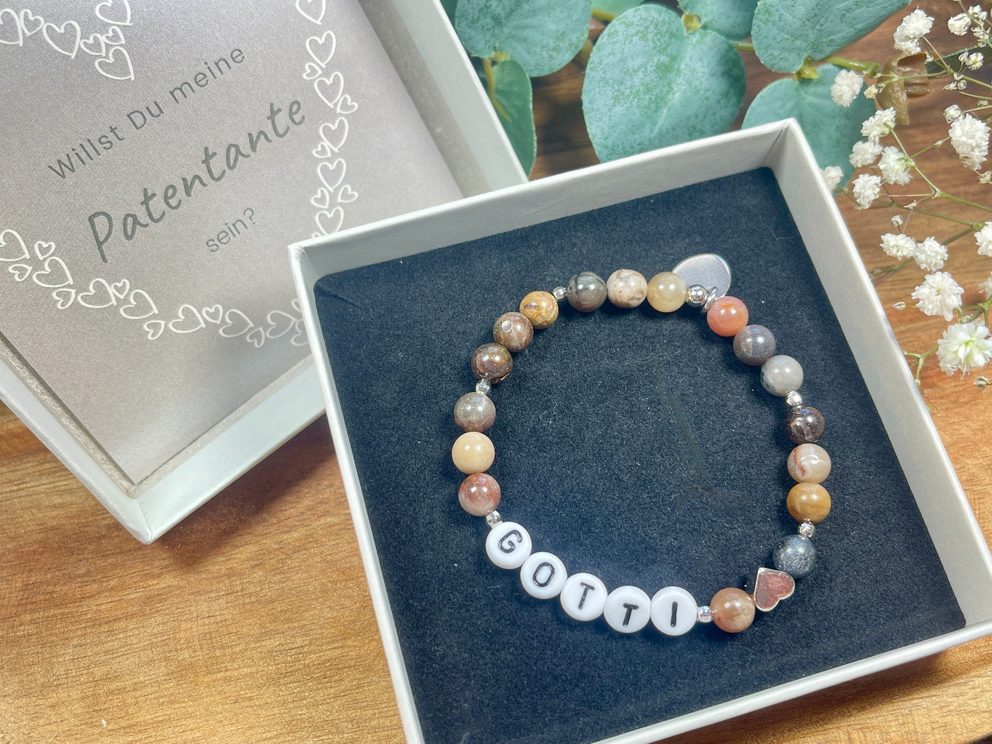 Armband Versteinertes Holz Gotti Herz Platiniert - Geschenk Patenschaft und Taufe Erinnerungsarmband - Willst Du Patentante sein?