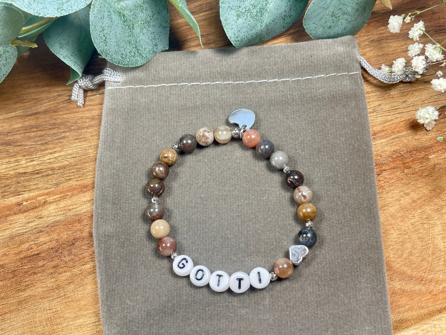Armband Versteinertes Holz Gotti Herz Platiniert - Geschenk Patenschaft und Taufe Erinnerungsarmband - Willst Du Patentante sein?