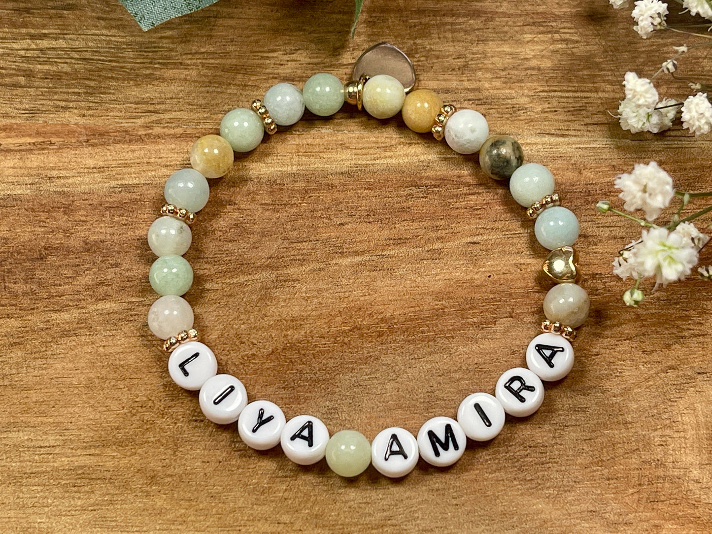 Armband Name Amazonit gold - Herz Gold DQ - Geschenk Schwangerschaft Baby Geburt Mädchenarmband Lieblingsmensch Mama