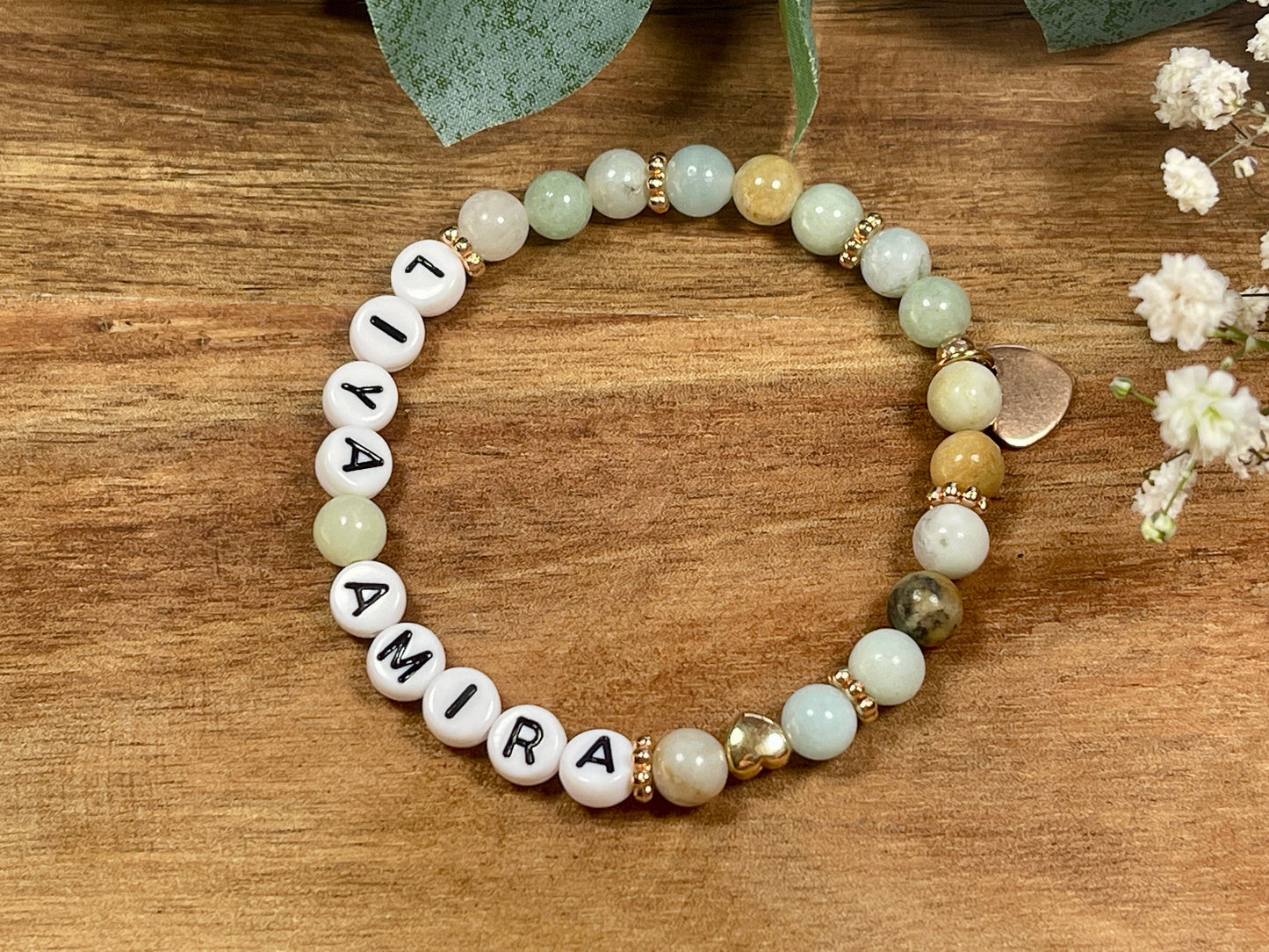 Armband Name Amazonit gold - Herz Gold DQ - Geschenk Schwangerschaft Baby Geburt Mädchenarmband Lieblingsmensch Mama