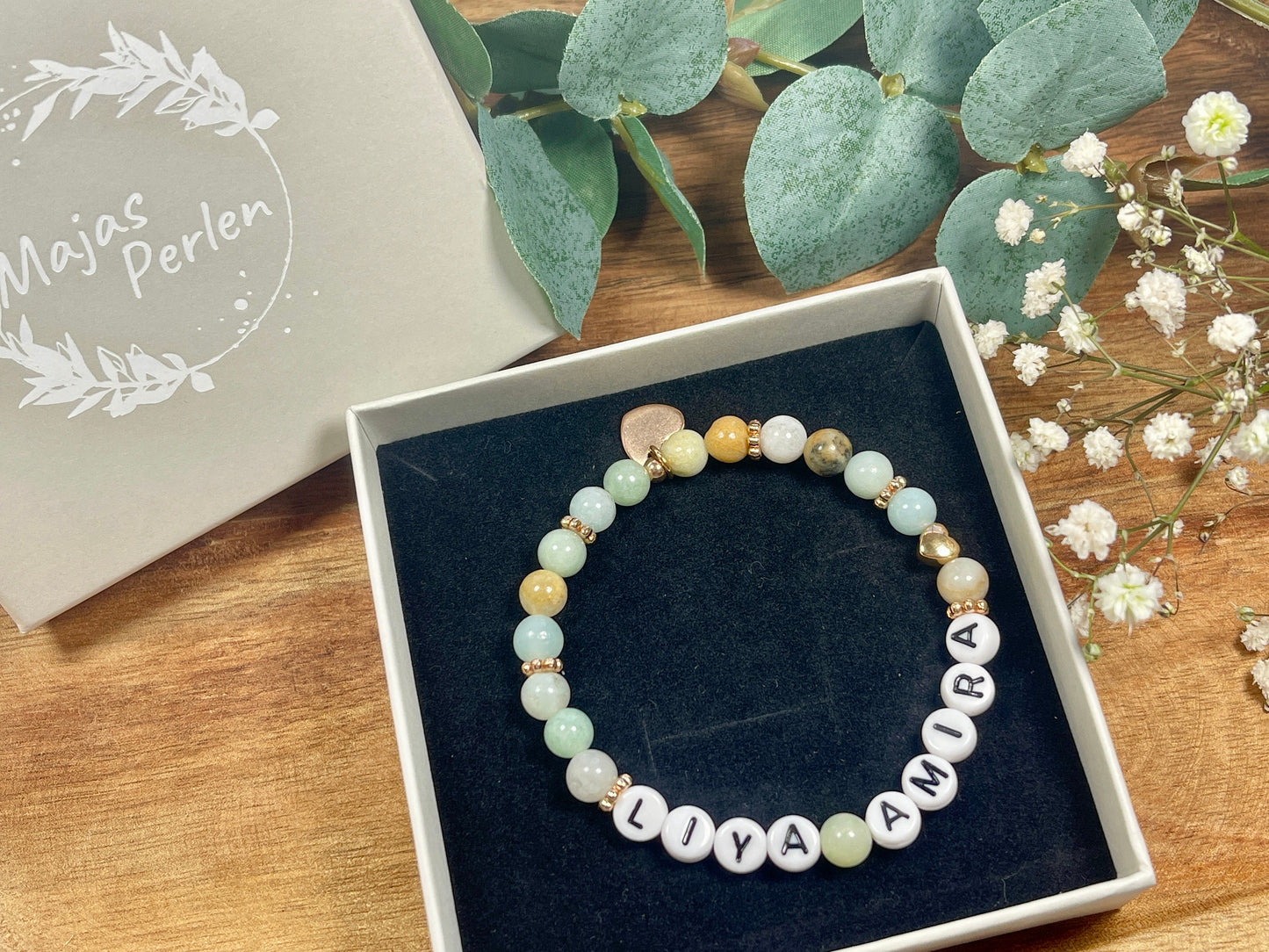 Armband Name Amazonit gold - Herz Gold DQ - Geschenk Schwangerschaft Baby Geburt Mädchenarmband Lieblingsmensch Mama