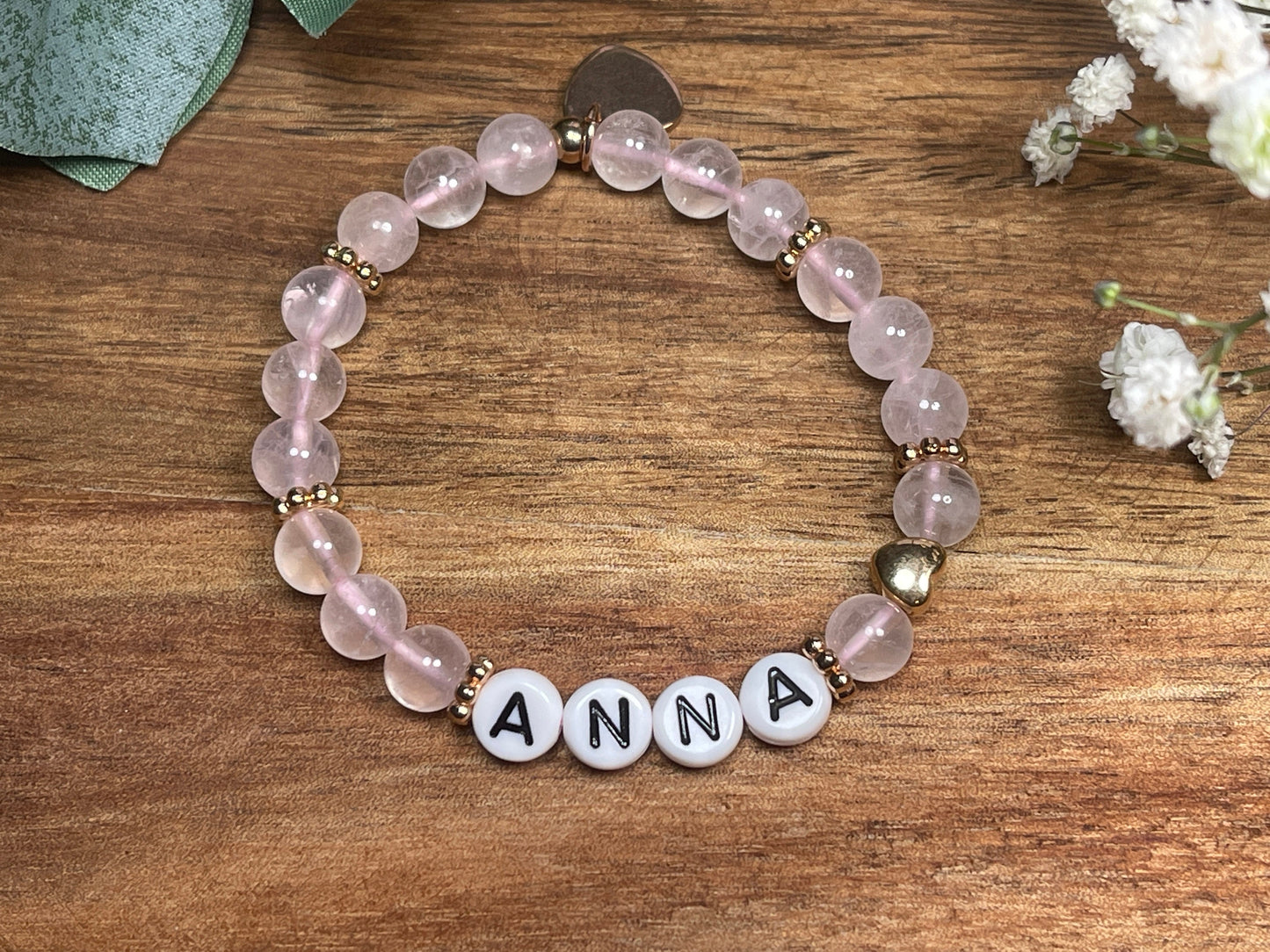 Armband Name Rosenquarz gold - Herz Gold DQ - Geschenk Schwangerschaft Baby Geburt Mädchenarmband Lieblingsmensch Mama