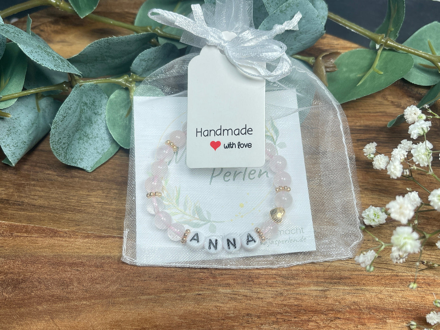 Armband Name Rosenquarz gold - Herz Gold DQ - Geschenk Schwangerschaft Baby Geburt Mädchenarmband Lieblingsmensch Mama