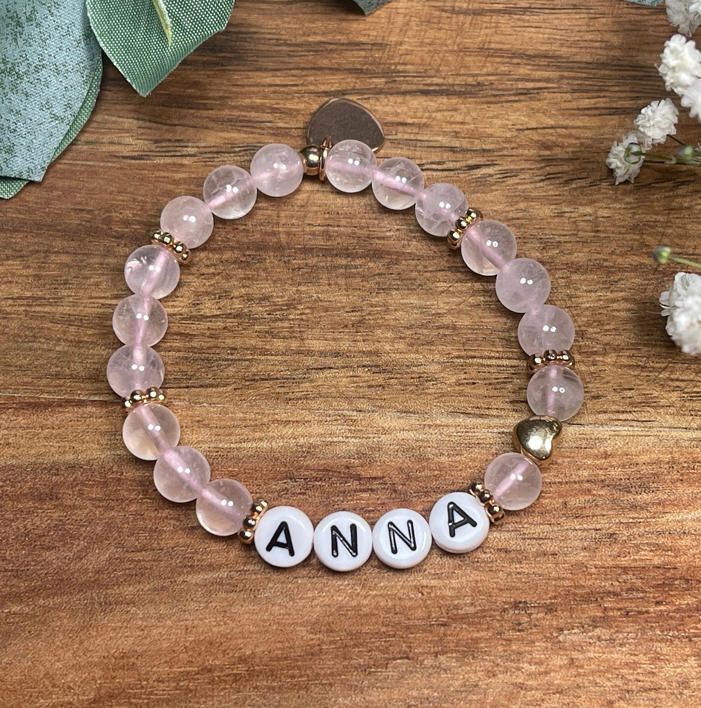 Armband Name Rosenquarz gold - Herz Gold DQ - Geschenk Schwangerschaft Baby Geburt Mädchenarmband Lieblingsmensch Mama