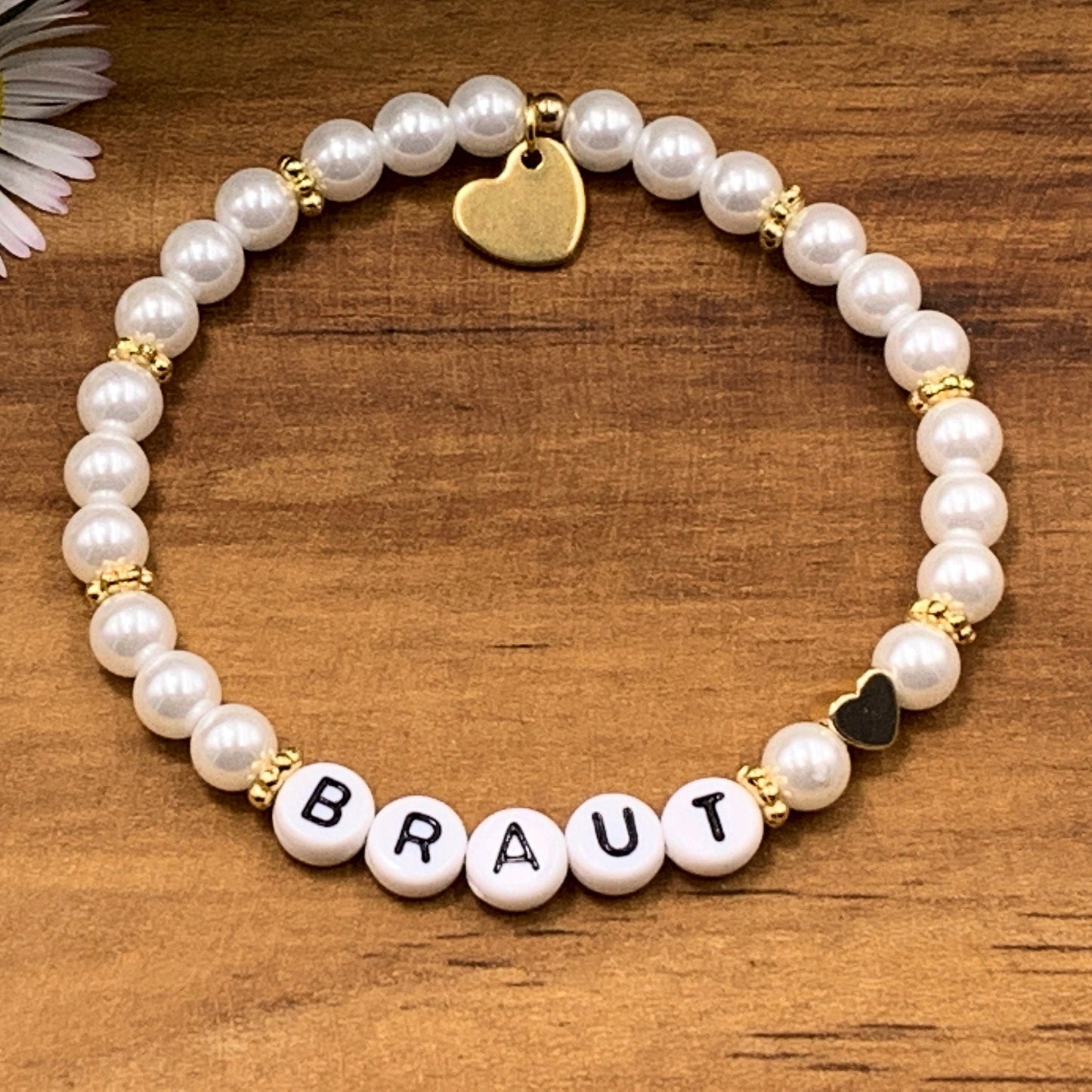 Perlenarmband Braut gewachste Glasperlen Perlmuttimitat Gold - Geschenk Brautmama Brautjungfer Erinnerungsarmband Hochzeit