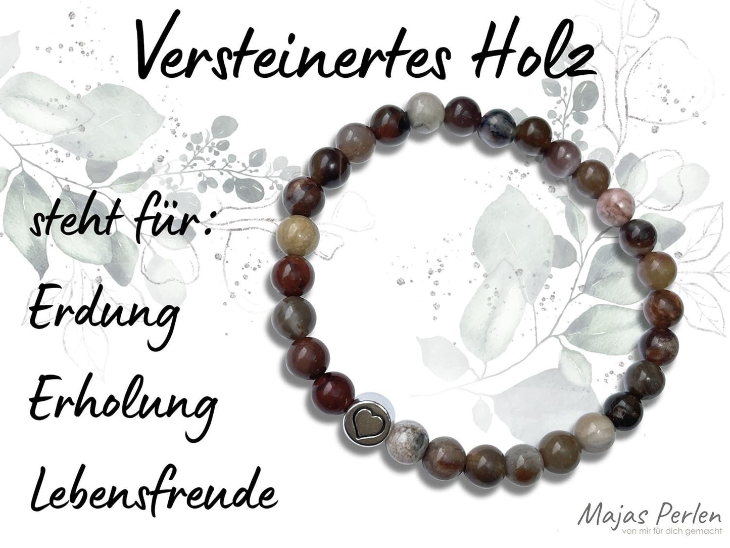Armband Versteinertes Holz echter Naturstein Herz DQ - Silber Gold Roségold Gunmetal - spirituelles Armband - Geschenk Liebe Glück Freundin