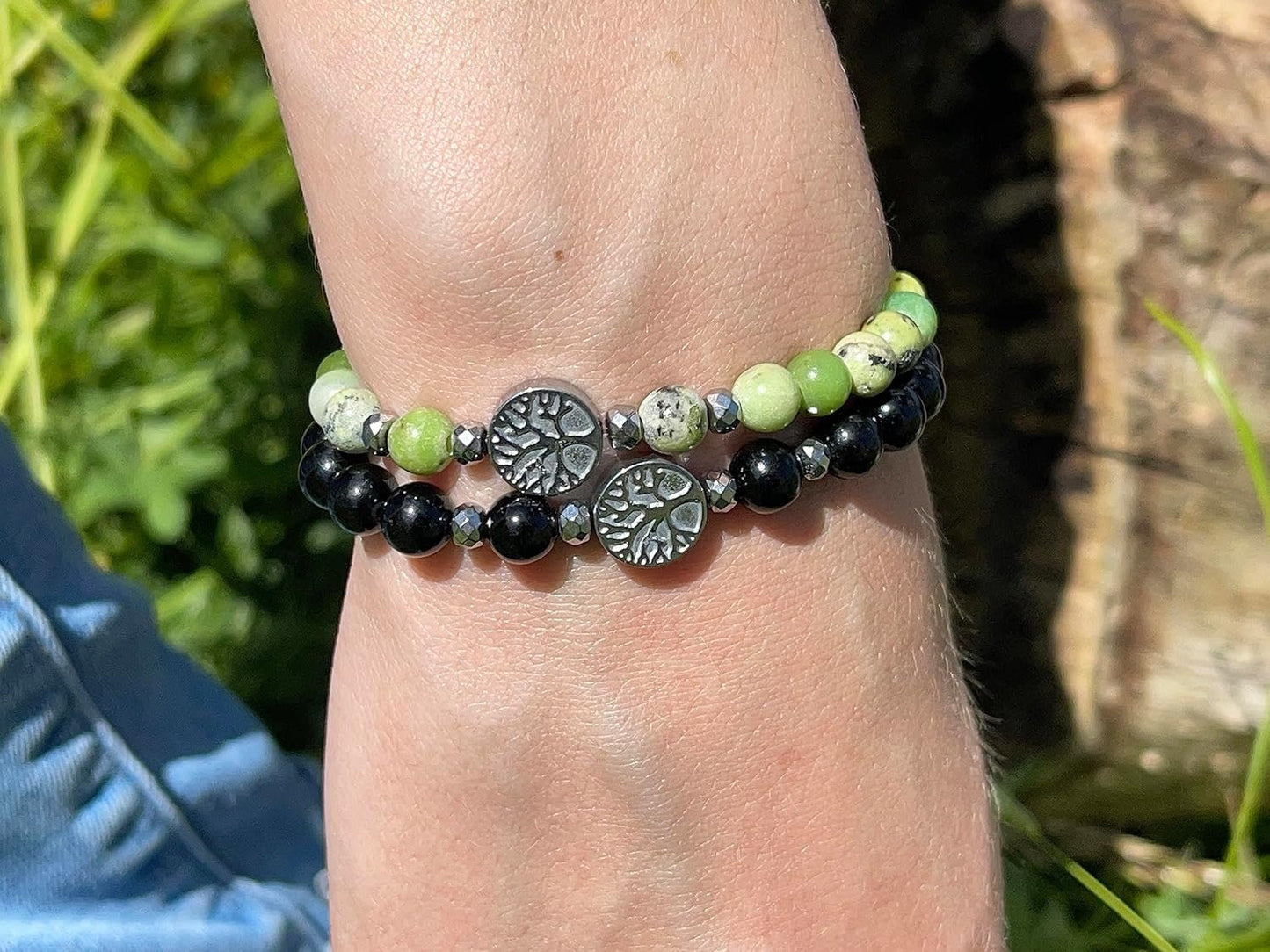 Perlenarmband Achat Schwarz Lebensbaum Hämatit Gunmetal - Dunkelsilber Roségold Silber - spirituelles Armband Wachstum Ganzheit Erdung