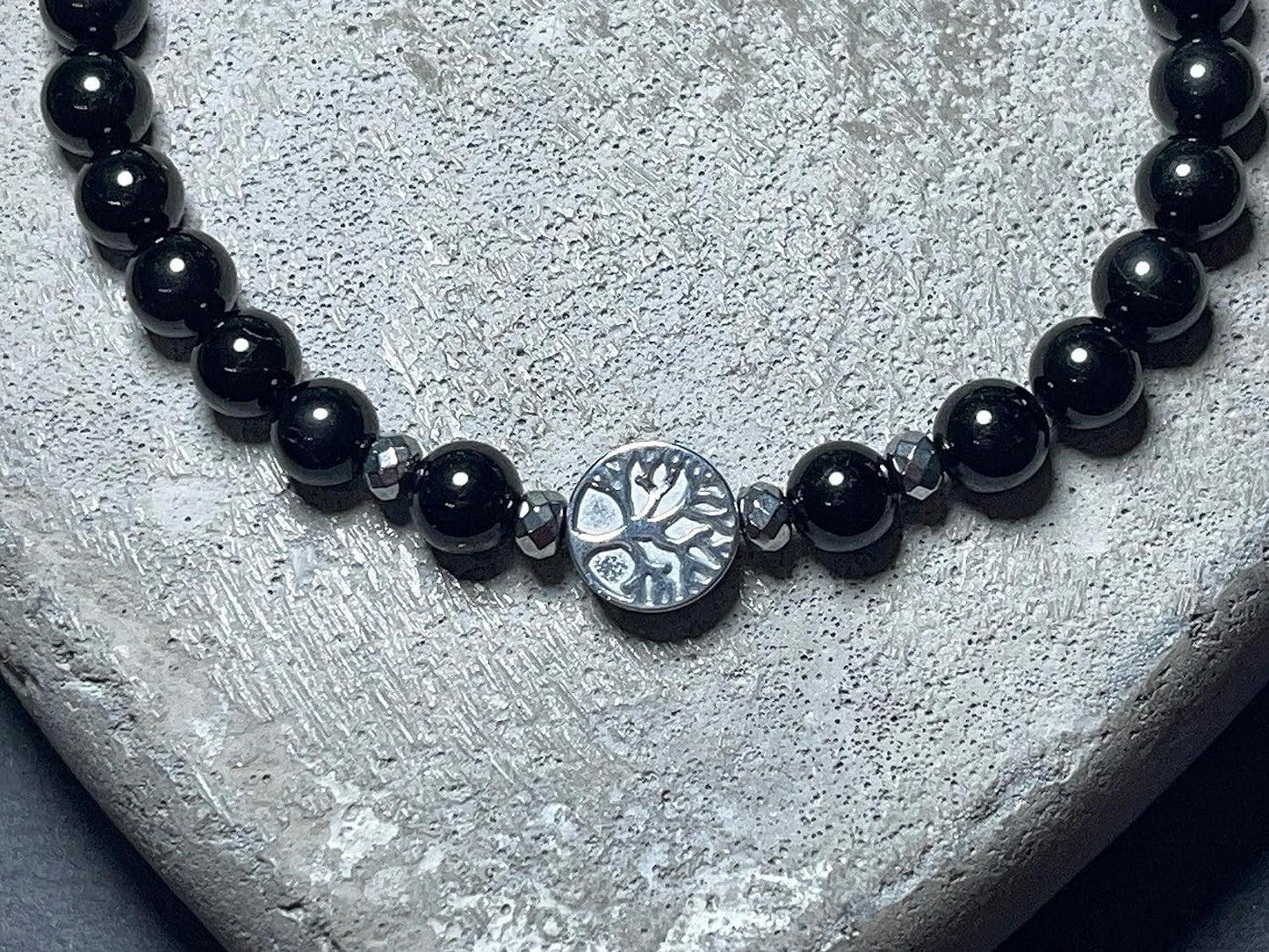 Perlenarmband Achat Schwarz Lebensbaum Hämatit Gunmetal - Dunkelsilber Roségold Silber - spirituelles Armband Wachstum Ganzheit Erdung