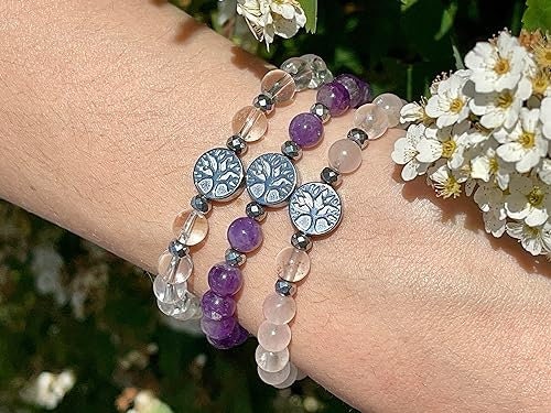 Perlenarmband Indischer Achat Lebensbaum Hämatit Roségold - Gunmetal Dunkelsilber Silber - spirituelles Armband Wachstum Ganzheit Erdung