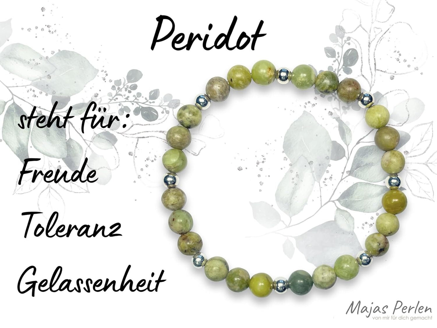 Armband Peridot Perlen echt 6mm mit Sterling Silber 925 Perlen Gold Roségold plated - Freude Toleranz Gelassenheit- Spirituell