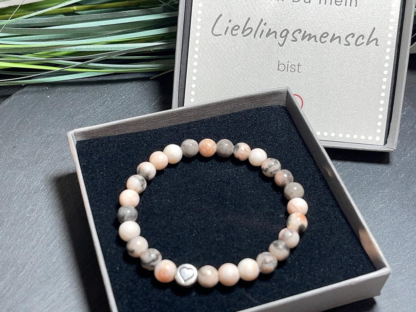 Perlenarmband Zebra Jaspis echter Naturstein mit Herz DQ - Silber Gold Roségold Gunmetal - spirituelles Armband - Geschenk Liebe Glück