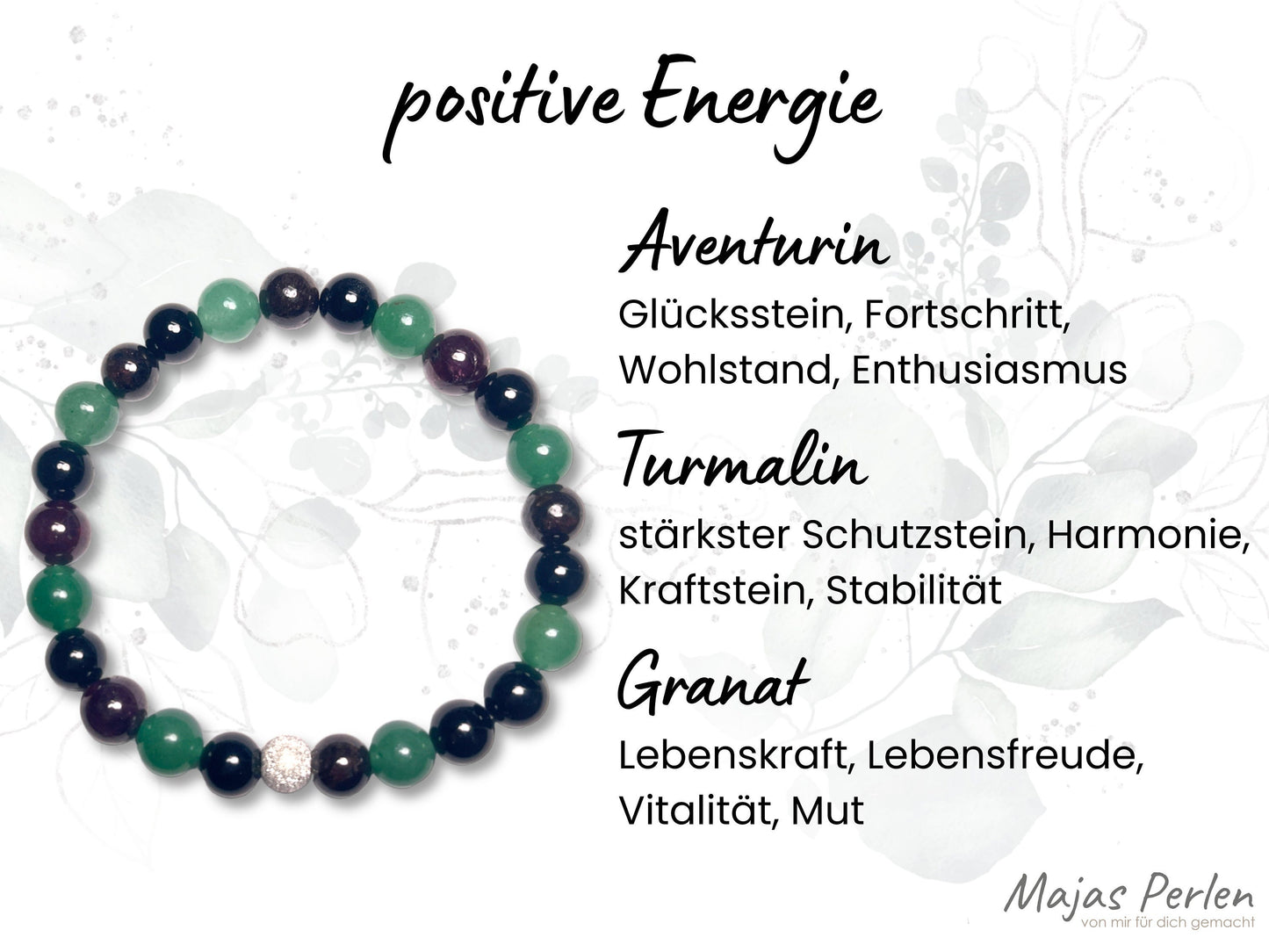 Armband positive Energie Aventurin Turmalin Granat echt 8mm mit 925er Sterling Silber Gold Roségold 7mm facettiert - Handmade