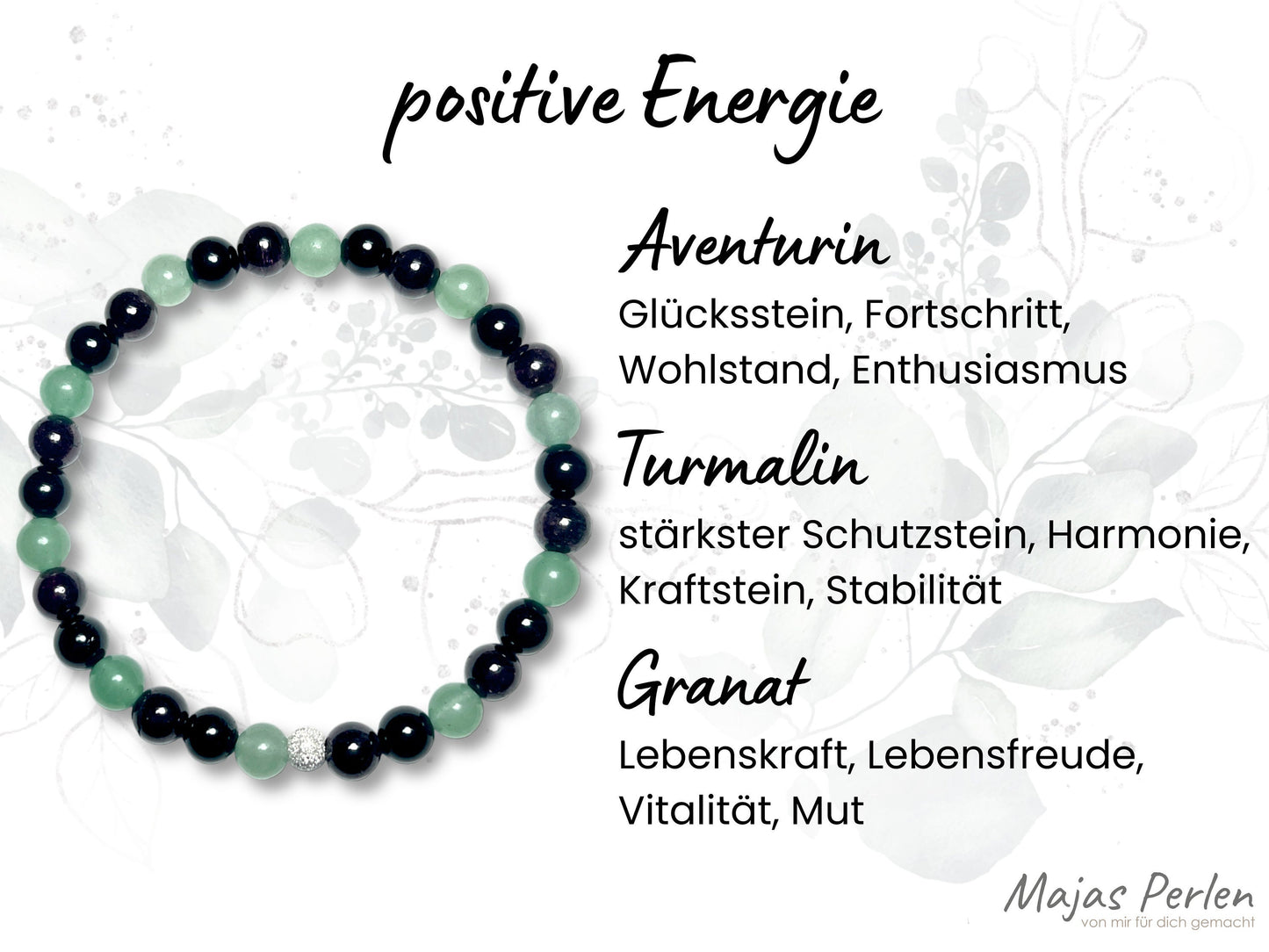 Armband positive Energie Aventurin Turmalin Granat echt 6mm mit 925er Sterling Silber Gold Roségold 5mm facettiert - Handmade