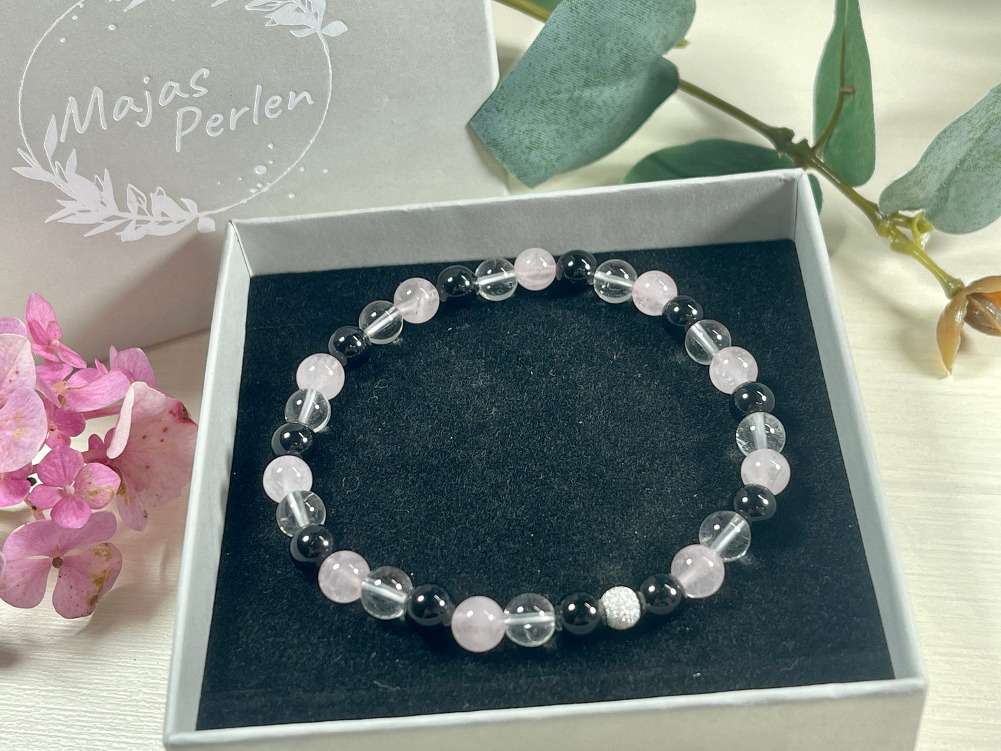 Armband Achtsamkeit Bergkristall Turmalin Rosenquarz echt 6mm mit 925er Sterling Silber Gold Roségold 5mm facettiert - Handmade