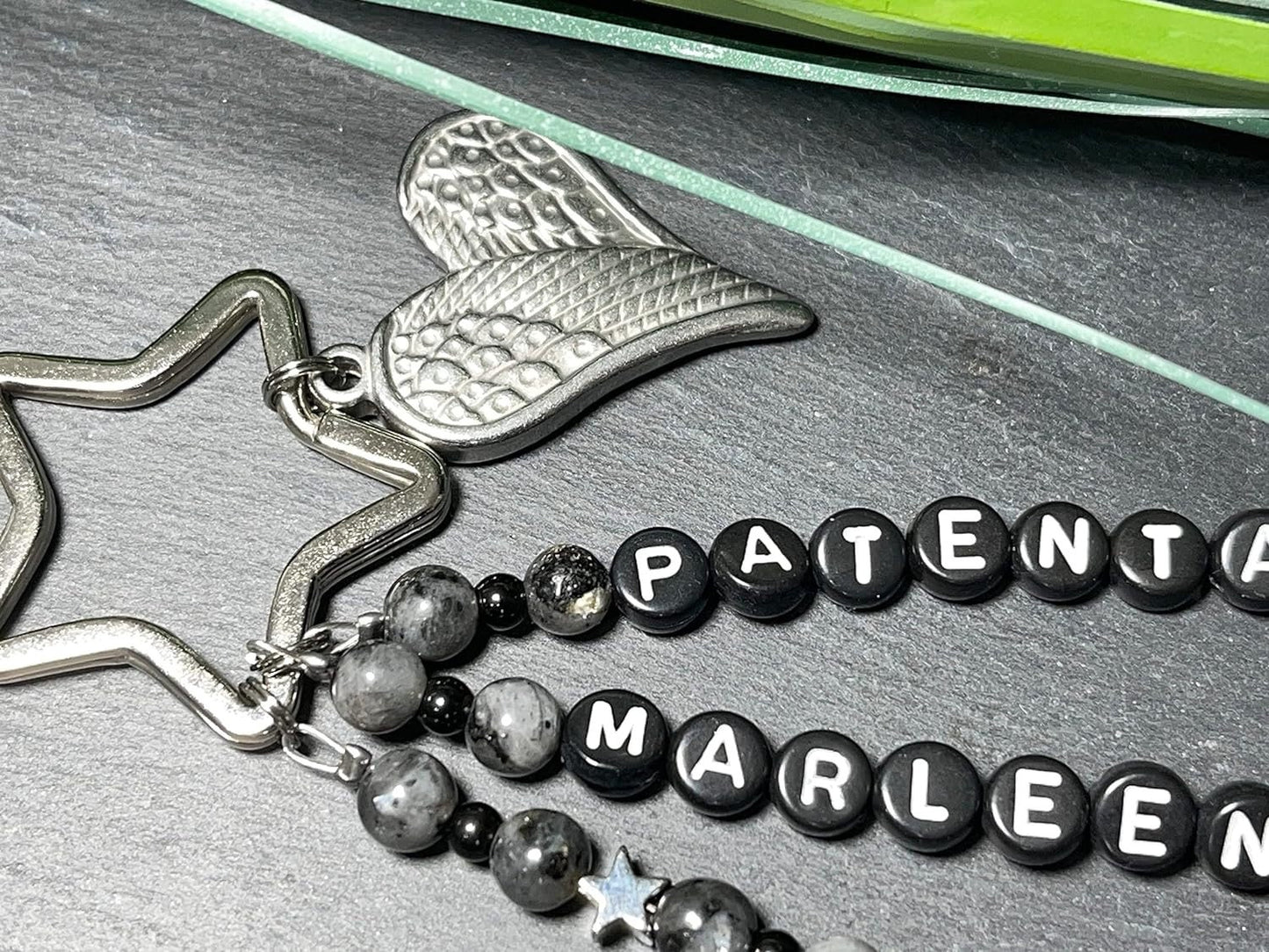 Schlüsselanhänger Patentante und Name Labradorit - Geschenk Frage Patenschaft Andenken Taufe Taufgeschenk - Edelsteine wählbar anpassbar