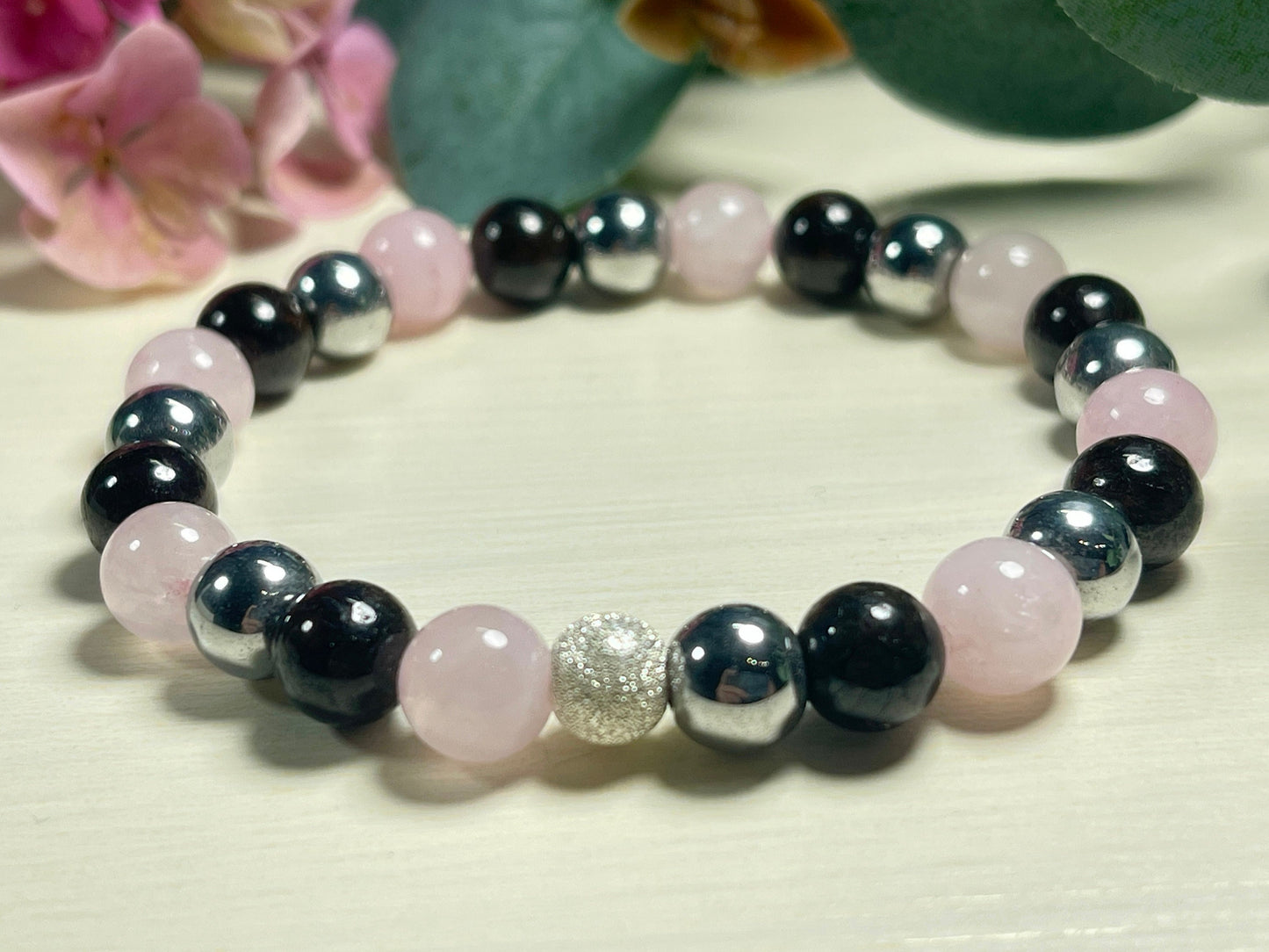 Armband Fruchtbarkeit Granat Rosenquarz Hämatit echt 8mm mit 925er Sterling Silber Gold Roségold 7mm facettiert - Handmade