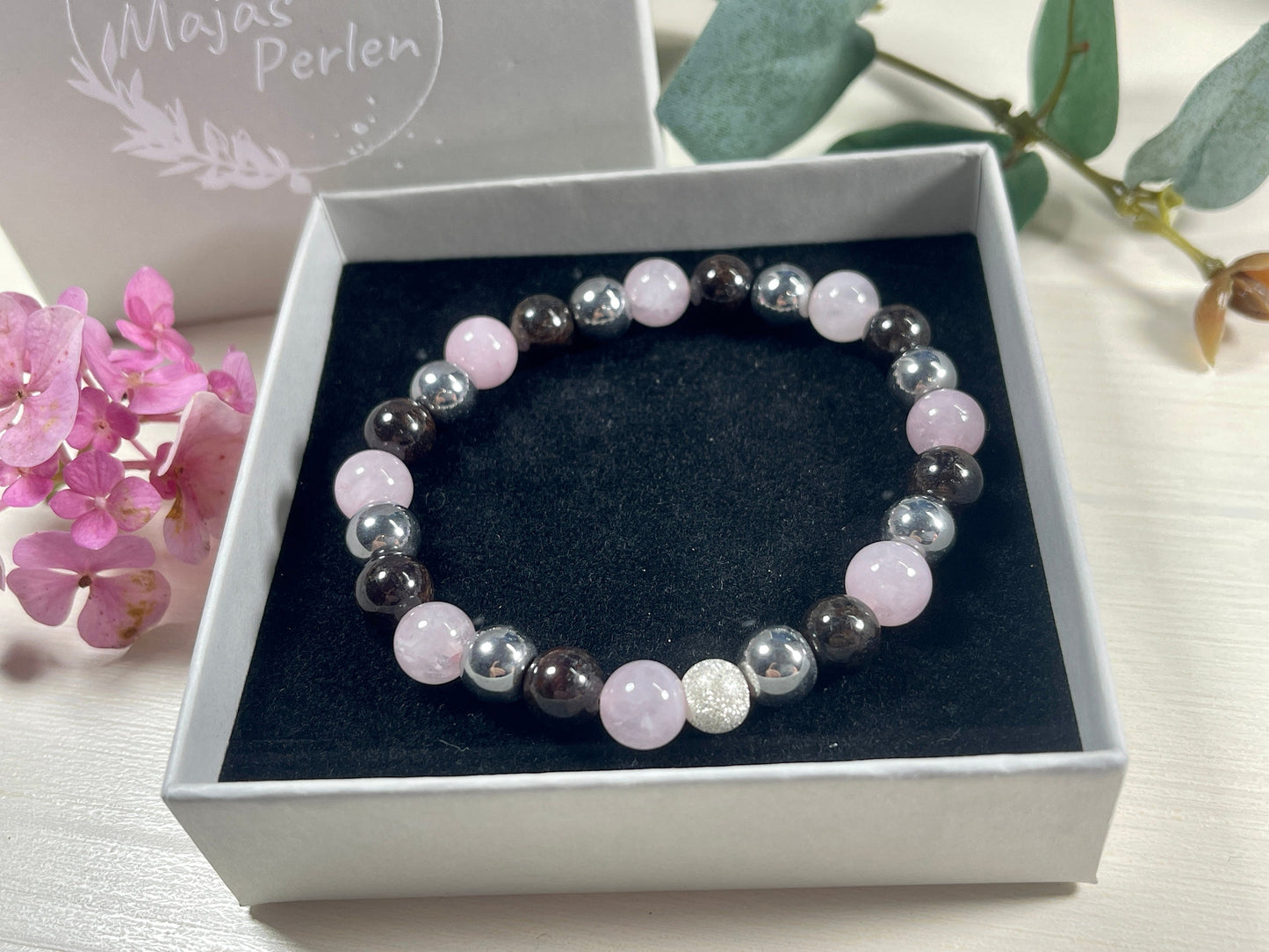 Armband Fruchtbarkeit Granat Rosenquarz Hämatit echt 8mm mit 925er Sterling Silber Gold Roségold 7mm facettiert - Handmade