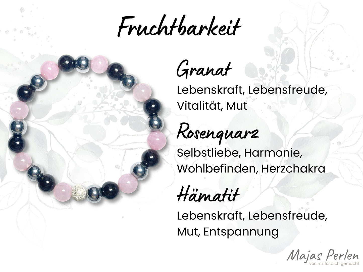 Armband Fruchtbarkeit Granat Rosenquarz Hämatit echt 8mm mit 925er Sterling Silber Gold Roségold 7mm facettiert - Handmade