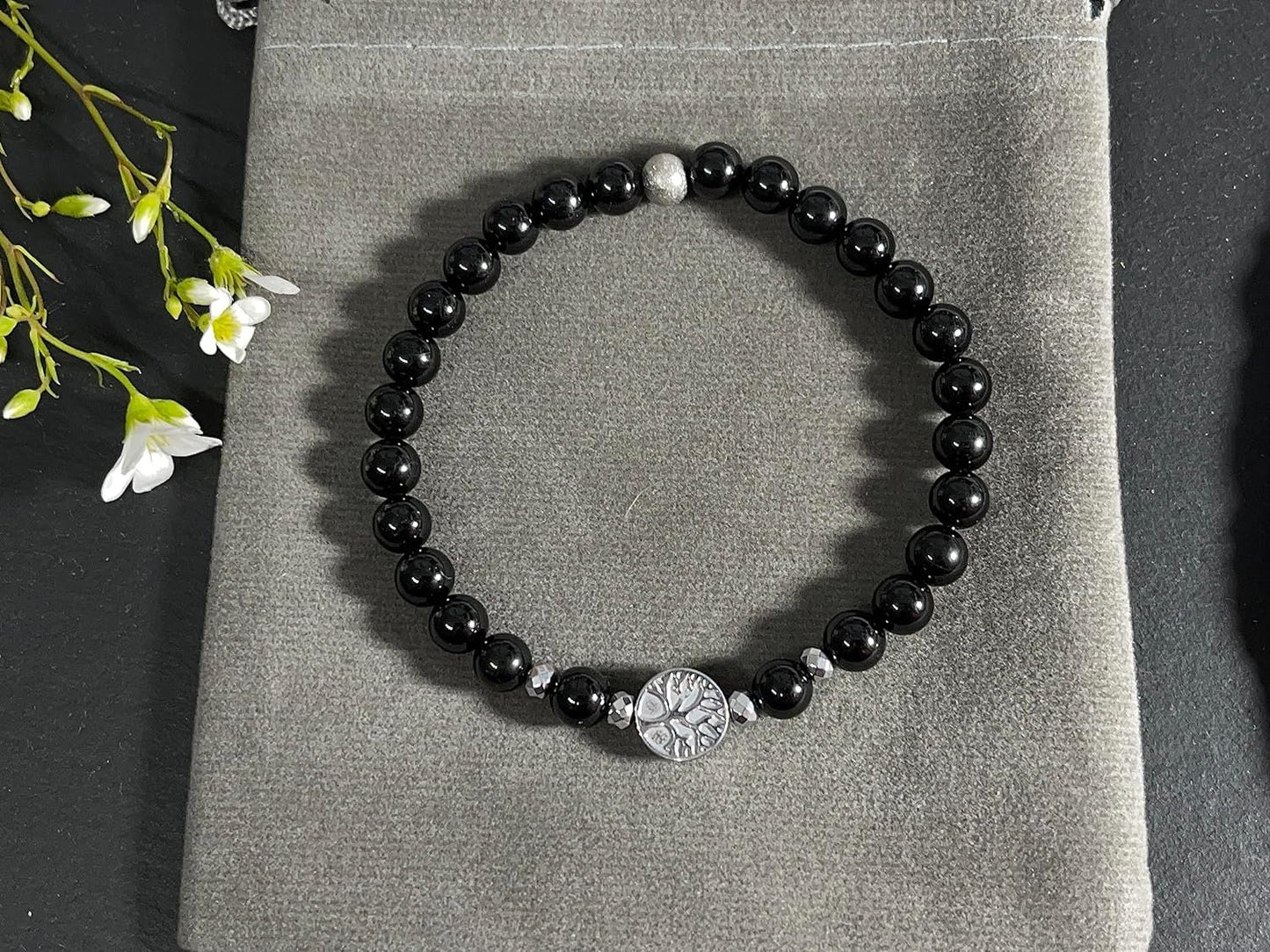 Perlenarmband Achat Schwarz Lebensbaum Hämatit Gunmetal - Dunkelsilber Roségold Silber - spirituelles Armband Wachstum Ganzheit Erdung