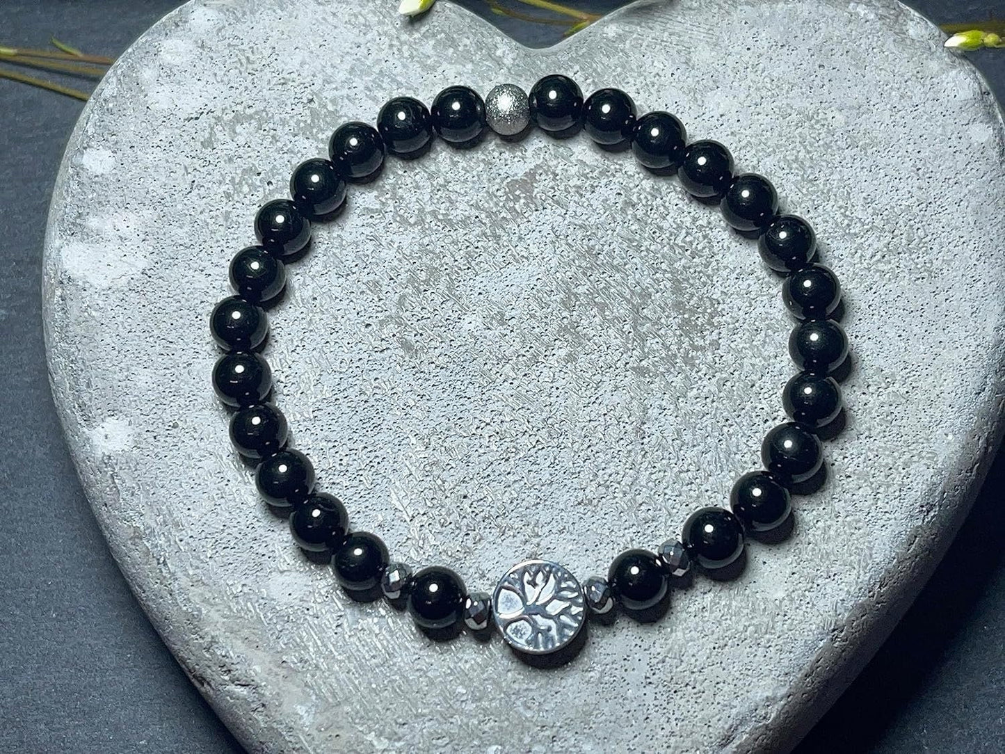 Perlenarmband Achat Schwarz Lebensbaum Hämatit Gunmetal - Dunkelsilber Roségold Silber - spirituelles Armband Wachstum Ganzheit Erdung