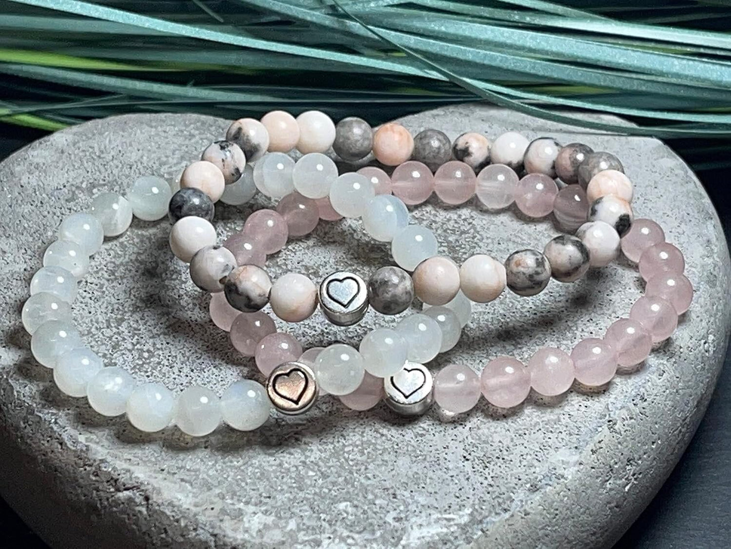 Perlenarmband Zebra Jaspis echter Naturstein mit Herz DQ - Silber Gold Roségold Gunmetal - spirituelles Armband - Geschenk Liebe Glück
