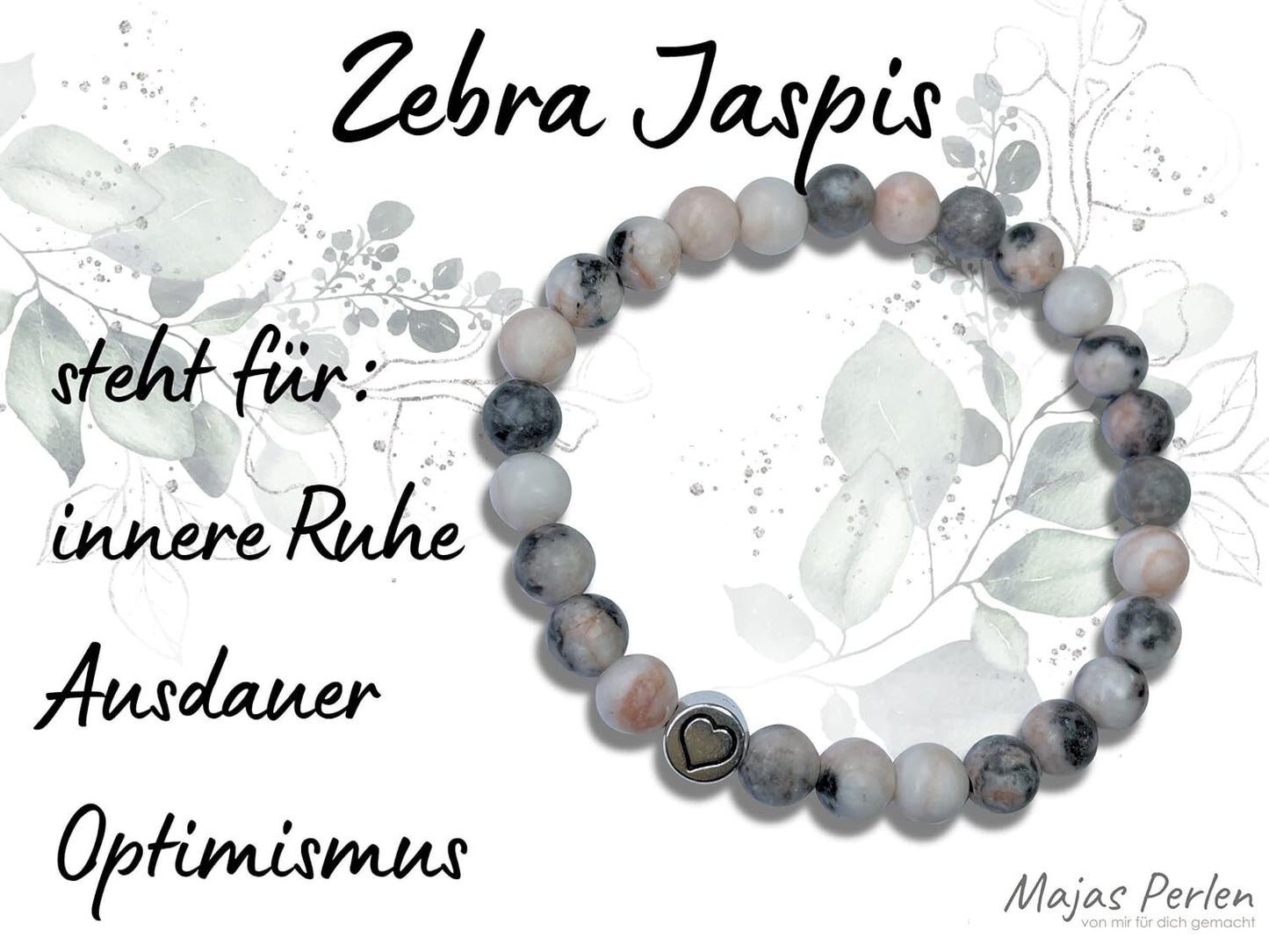 Perlenarmband Zebra Jaspis echter Naturstein mit Herz DQ - Silber Gold Roségold Gunmetal - spirituelles Armband - Geschenk Liebe Glück