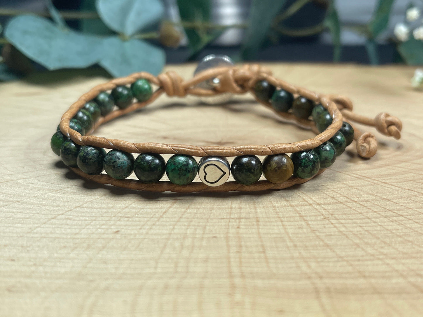 Perlenarmband gewickelt Chrysokoll DQ Herz und Leder - Wickelarmband Bohostil Vintage - Geschenk Mama Liebe Geburtstag - Wunschedelstein