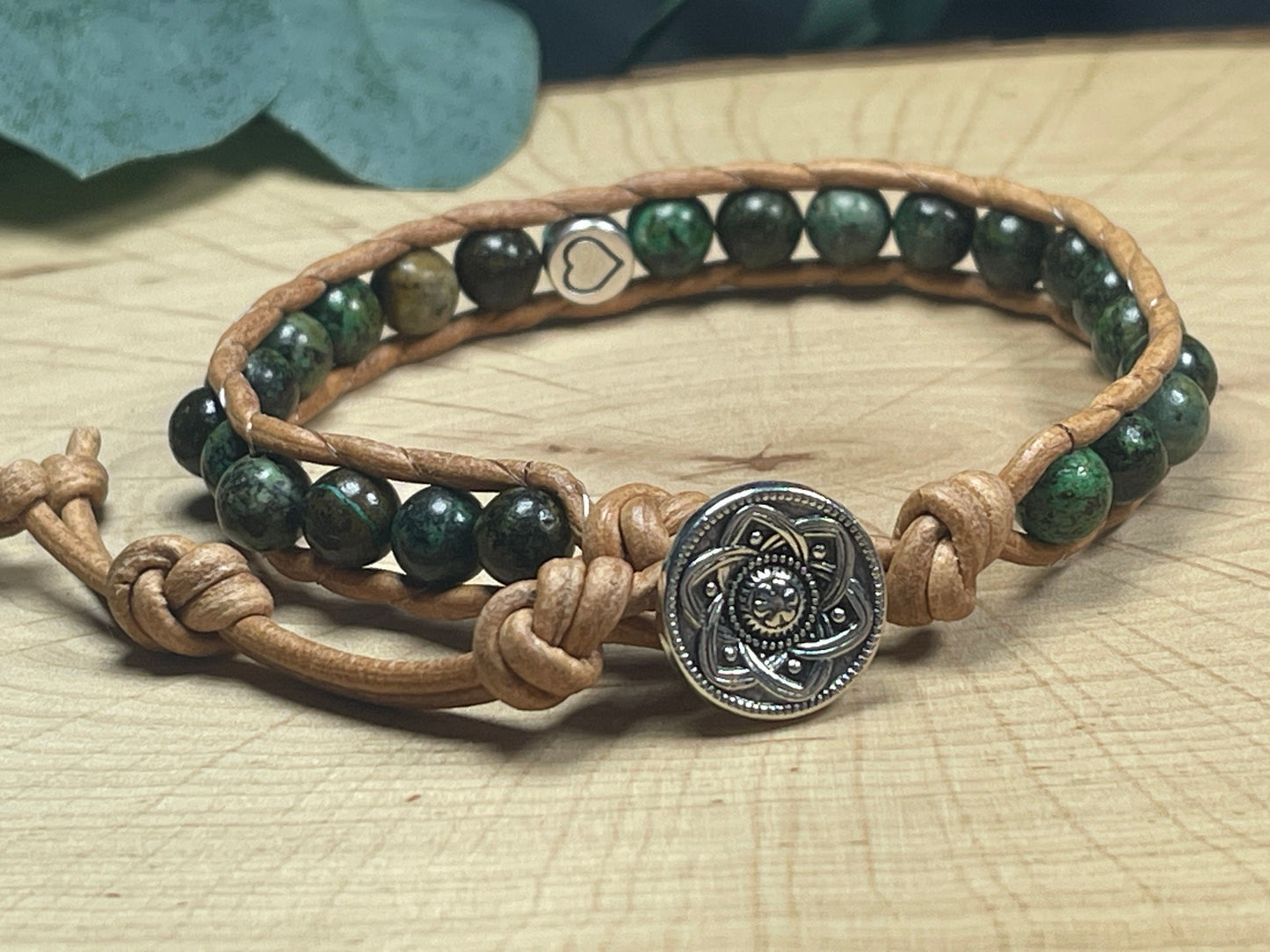Perlenarmband gewickelt Chrysokoll DQ Herz und Leder - Wickelarmband Bohostil Vintage - Geschenk Mama Liebe Geburtstag - Wunschedelstein
