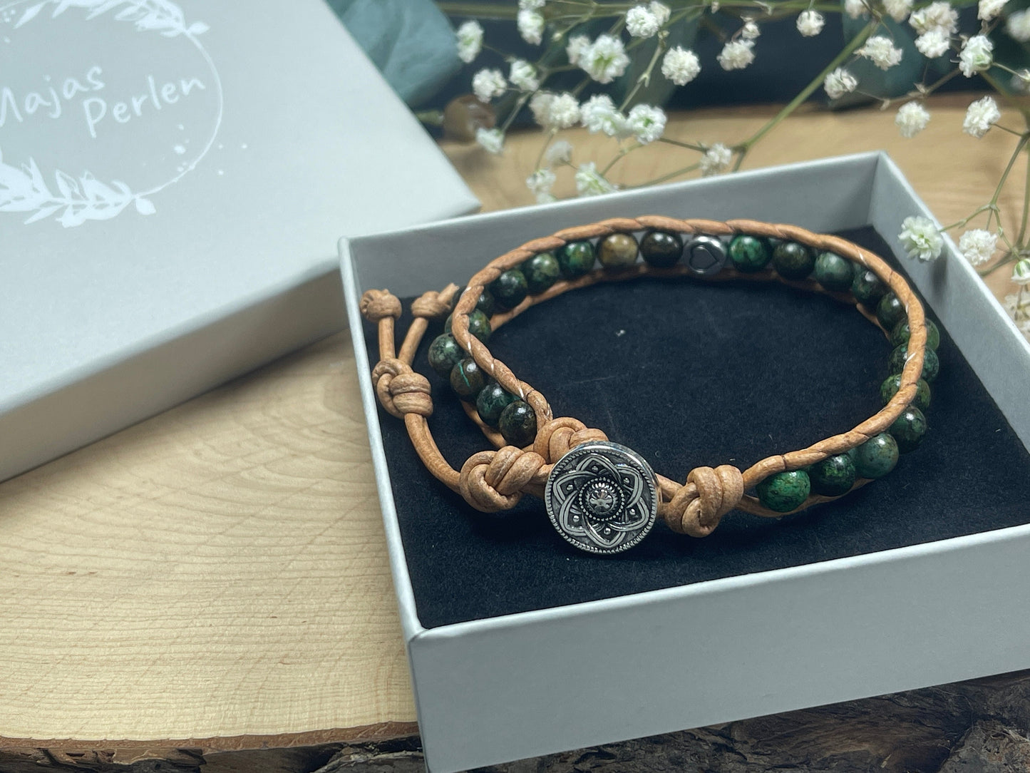 Perlenarmband gewickelt Chrysokoll DQ Herz und Leder - Wickelarmband Bohostil Vintage - Geschenk Mama Liebe Geburtstag - Wunschedelstein