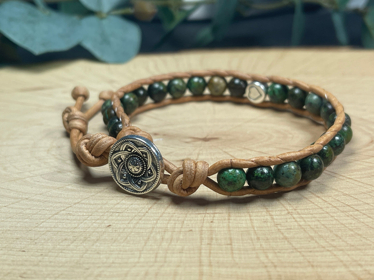 Perlenarmband gewickelt Chrysokoll DQ Herz und Leder - Wickelarmband Bohostil Vintage - Geschenk Mama Liebe Geburtstag - Wunschedelstein